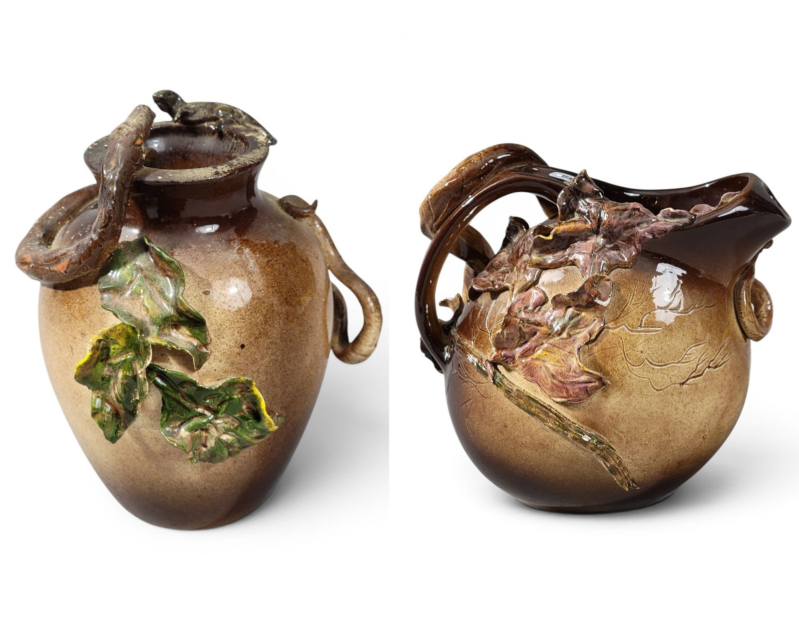 SNAKE JUG VASE & PITCHER BY RICK WISECARVER: Wihoa Art Pottery, Zanesville, Ohio. Buff colored clay, the bodies with applied leaves and snakes, and with mottled brown glazes and and polychrome accents. Each is signed on the underside, the pitche
