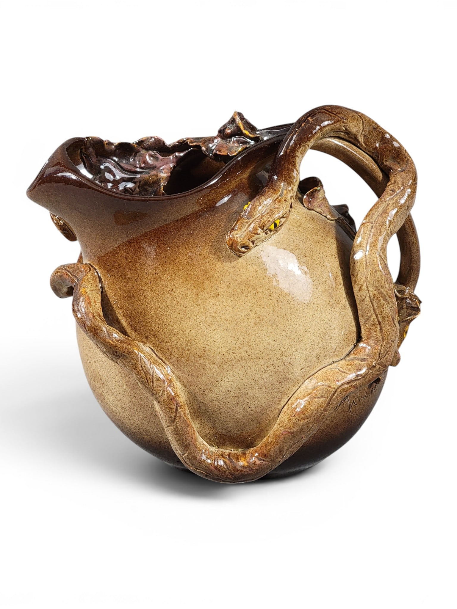 SNAKE JUG VASE & PITCHER BY RICK WISECARVER: Wihoa Art Pottery, Zanesville, Ohio. Buff colored clay, the bodies with applied leaves and snakes, and with mottled brown glazes and and polychrome accents. Each is signed on the underside, the
