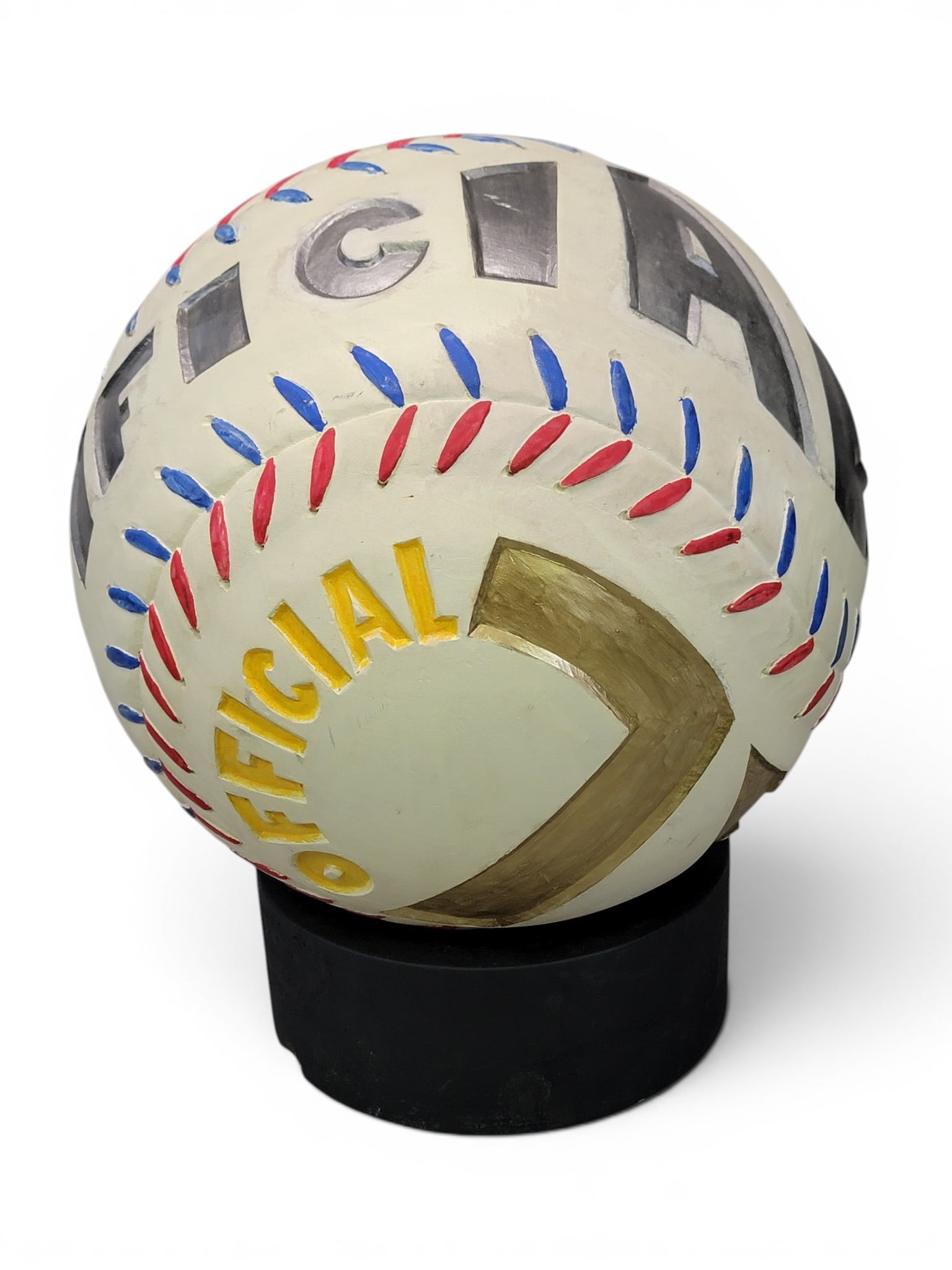 CARVED BASEBALL BY GENE KANGAS (OHIO, B. 1944): Initialed and dated 2003. With carved "OFFICIAL," "ARTIFICIAL," and "NATURAL." On a stand, 16" high (overall). Provenance: a West Virginia collection. NOTE: We are happy to answer questions and take