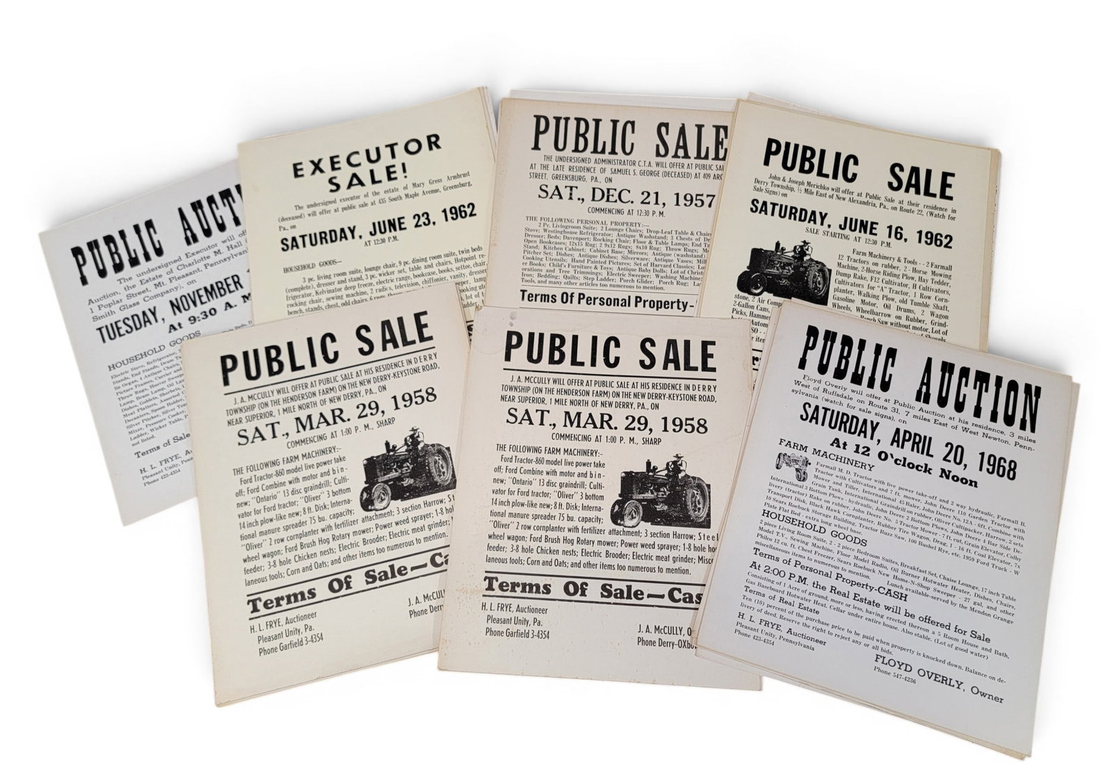 COLLECTION OF PENNSYLVANIA AUCTION BROADSIDES: All for H.L. Frye, an auctioneer in Pleasant Unity, Westmoreland County, from the 1960s. More than two dozen 14" by 11" posters and one double-size (now folded). Provenance: a Pennsylvania