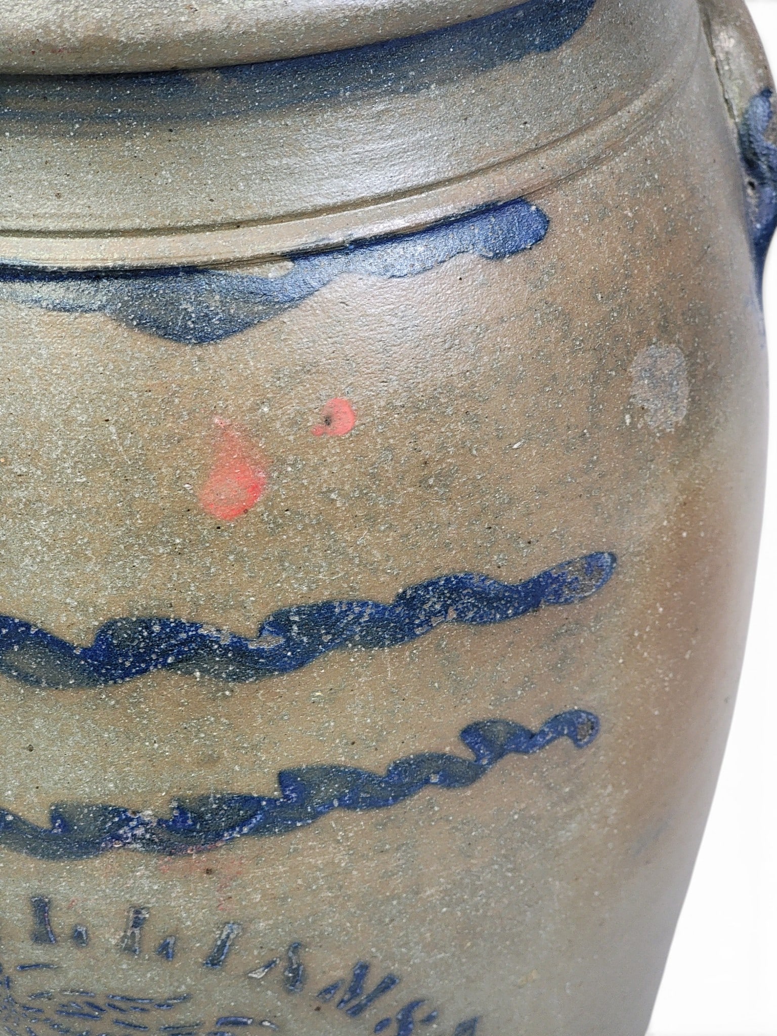 DECORATED WESTERN PENNSYLVANIA STONEWARE JAR: R.T. Williams, New Geneva, 1860-1880. 6-gallon jar with freehand and stenciled cobalt decoration, including a small eagle. 17" high. Provenance: a Pennsylvania collection. NOTE: We are happy to
