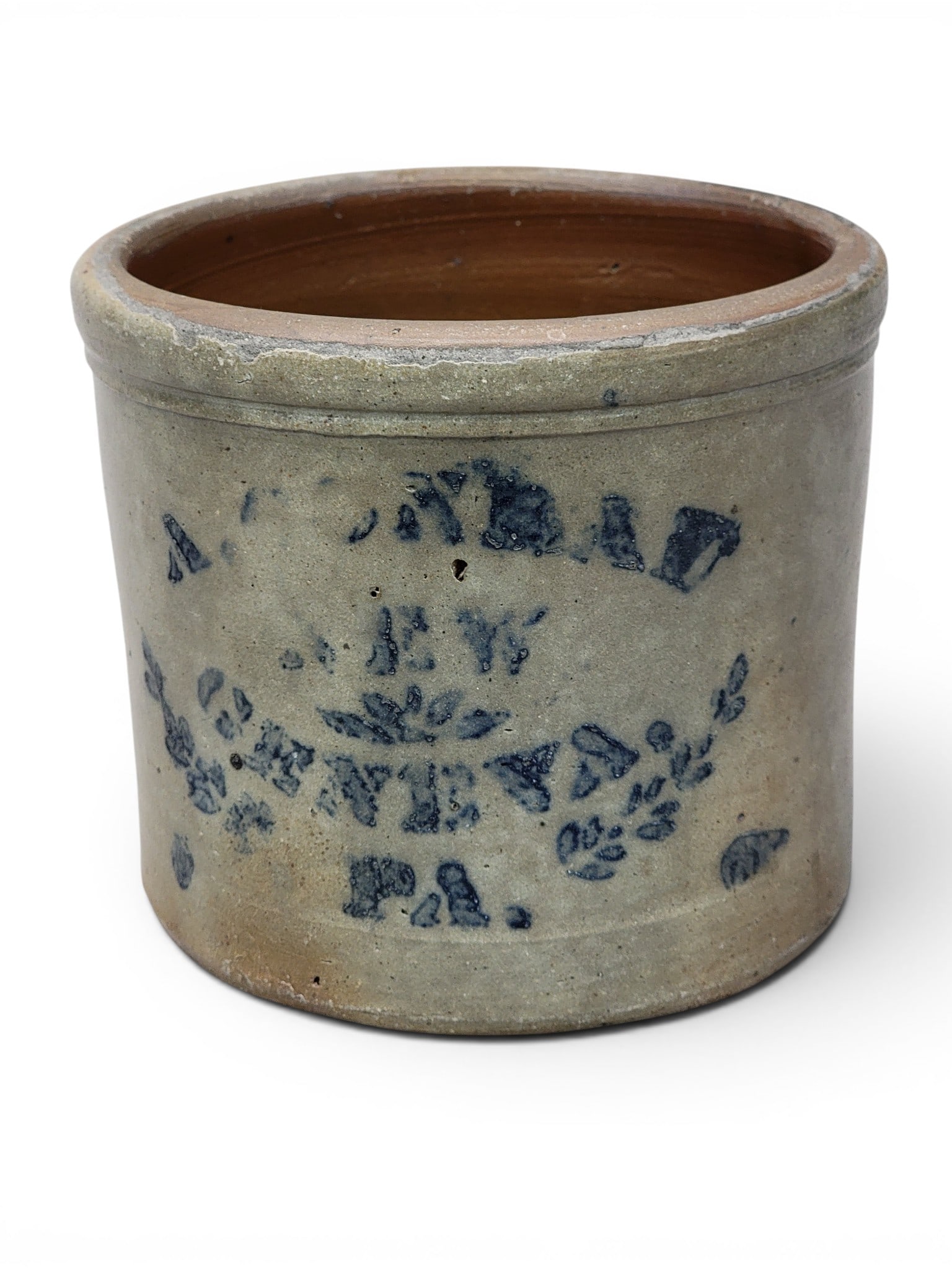 DECORATED STONEWARE CROCK AND JAR: Pennsylvania, 1860-1880. Includes an A. Conrade, New Geneva crock with stenciled label, 5.75" high; together with a western PA wax sealer canning jar with cobalt stenciled rose, 8.25" high.