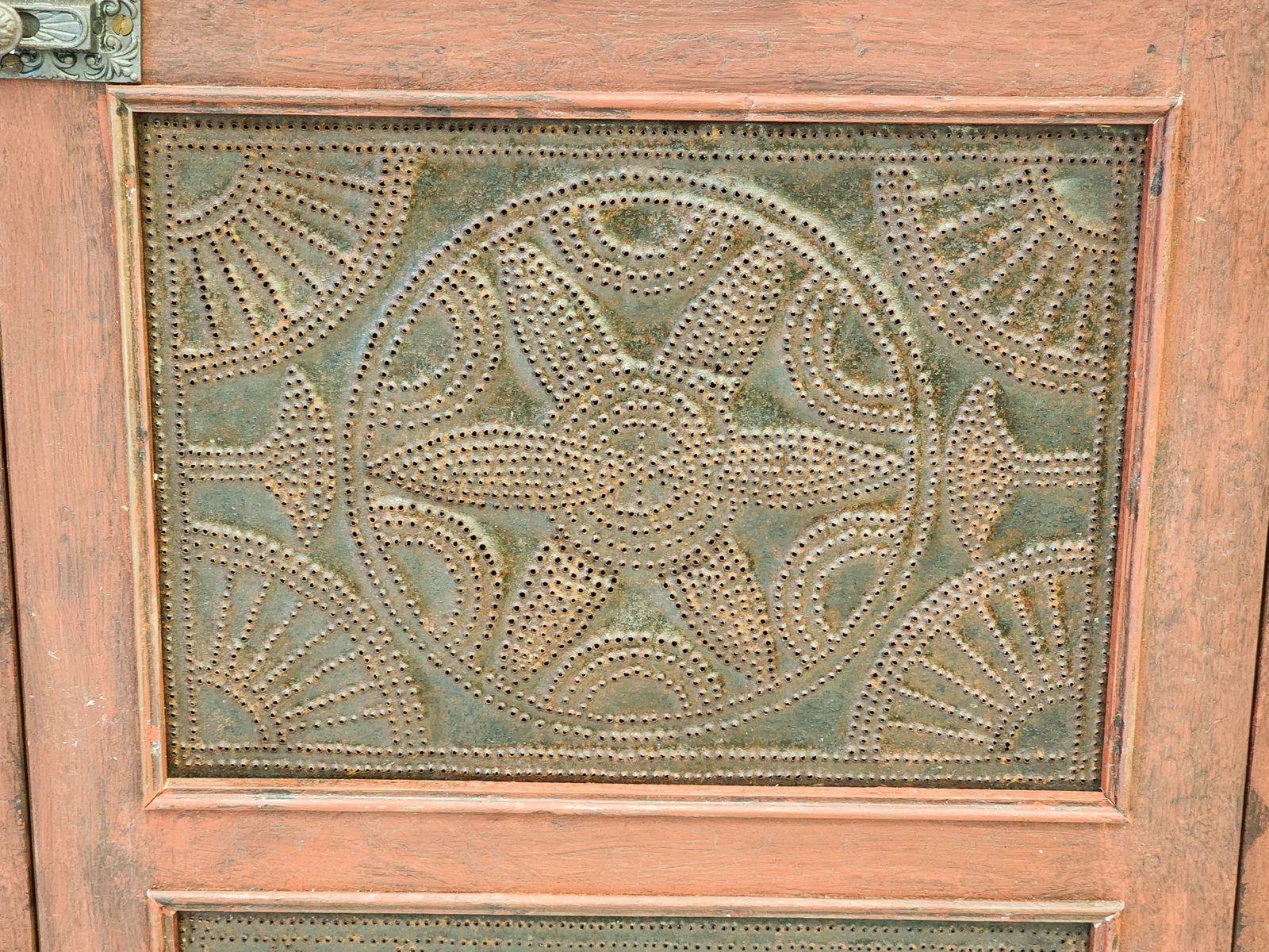 DIMINUTIVE PIE / FOOD SAFE BY JIM SHEPPARD: West Virginia, 20th century. Small size safe with gallery, tapered legs, two punched tin panels, and red paint. 47" high, 22" wide, 17.25" deep. Provenance: a Pennsylvania collection. NOTE: We are