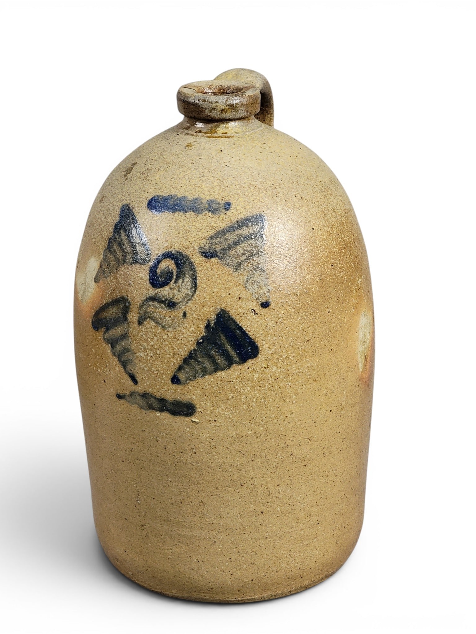 TWO OHIO STONEWARE JUGS: Includes a Muskingum County two-gallon jug with cobalt tornadoes, 14" high; together with a decorated two-gallon jug by Alderman and Scott of Belpre, 14" high. Justus Alderman (1837-1888) was born in