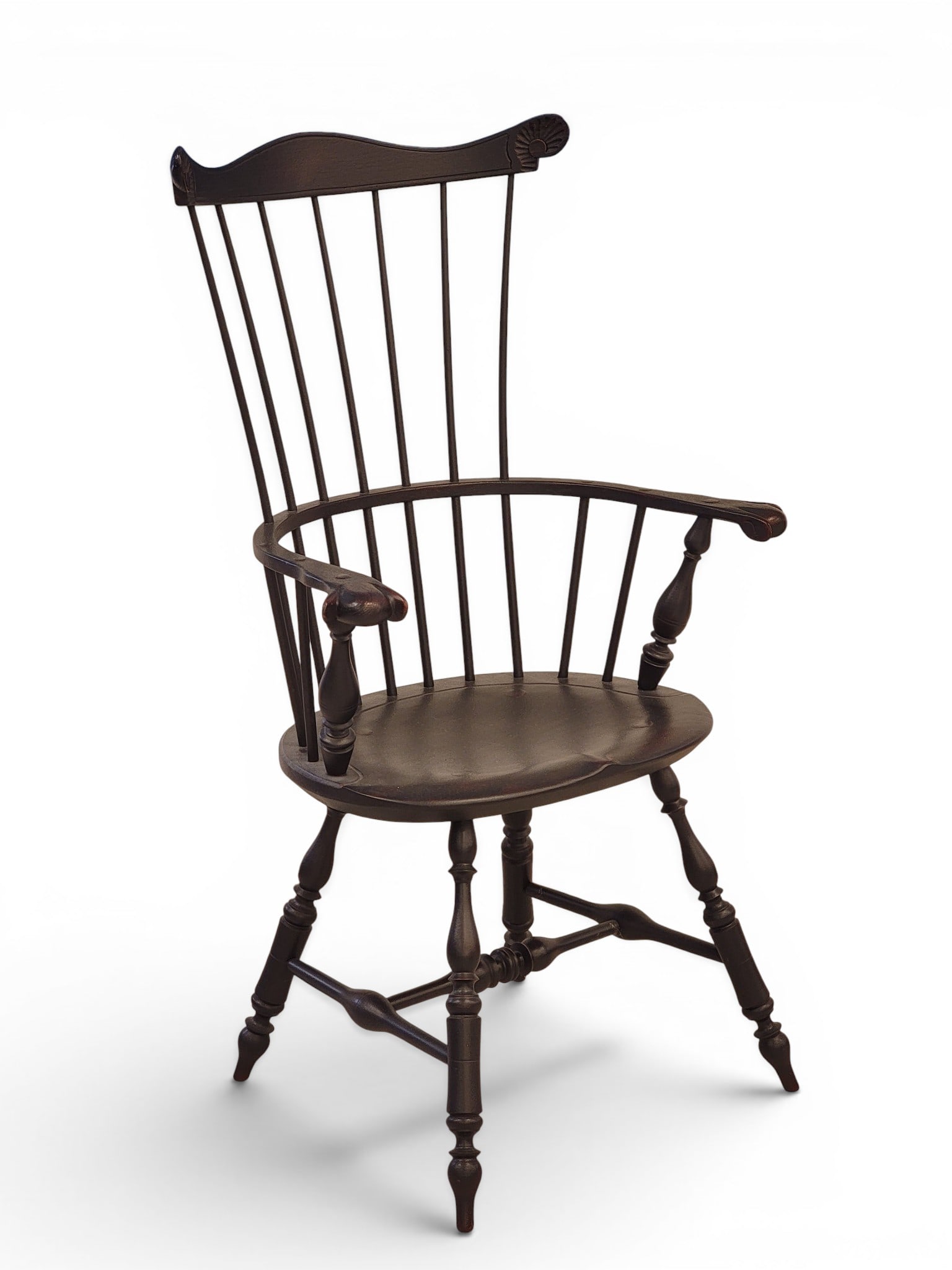 WINDSOR FANBACK WINDSOR ARMCHAIR: Lawrence Crouse, Kearneysville, West Virginia, 20th century, mixed woods. Marked on the underside, and in black paint. 45" high. Provenance: an Ohio collection. NOTE: We are happy to answer questions
