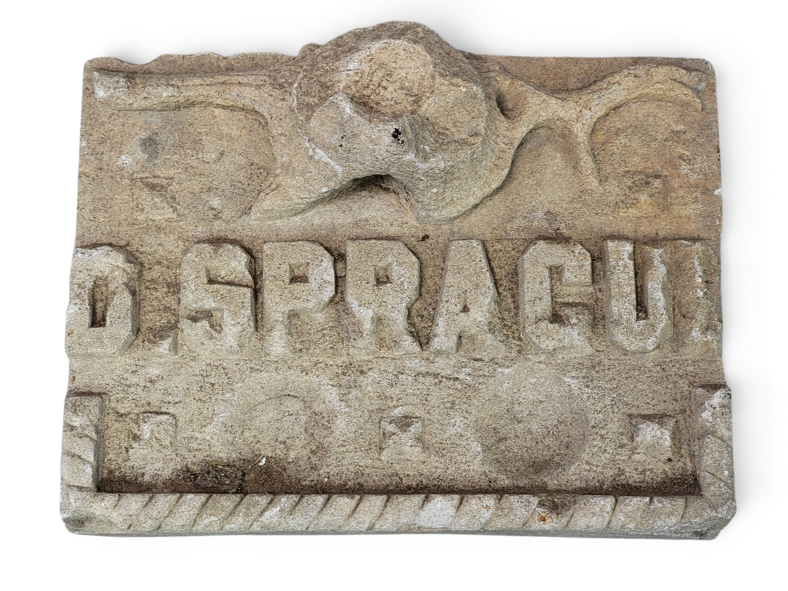 STONE CARVING: Ohio, 19th century. Trunk and "D. SPRAGUE" on a rectangular base. 5.5" high, 11" wide, 8" deep. Provenance: descended in the Sprague and Hovey family of Marietta. NOTE: We are happy to answer question