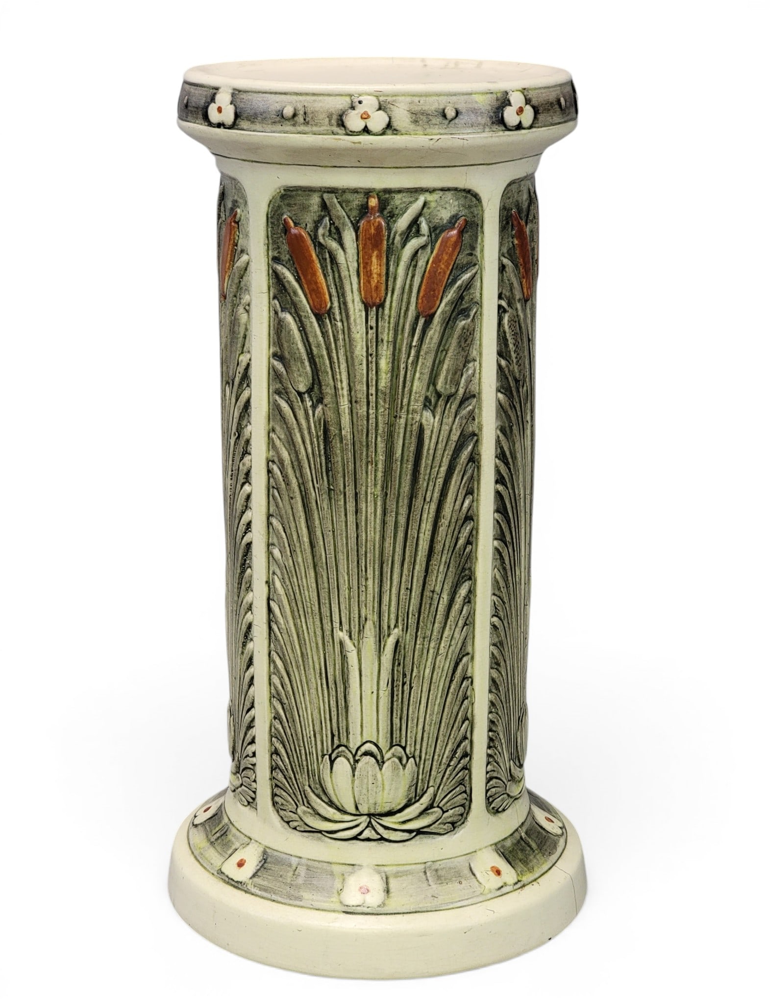 WELLER ZONA KINGFISHER JARDINIERE PEDESTAL: Zanesville, Ohio, early 20th century. Molded pedestal with reeds. 20" high. Provenance: a southeast Ohio family. NOTE: We are happy to answer questions and take additional photos of lots prior to the