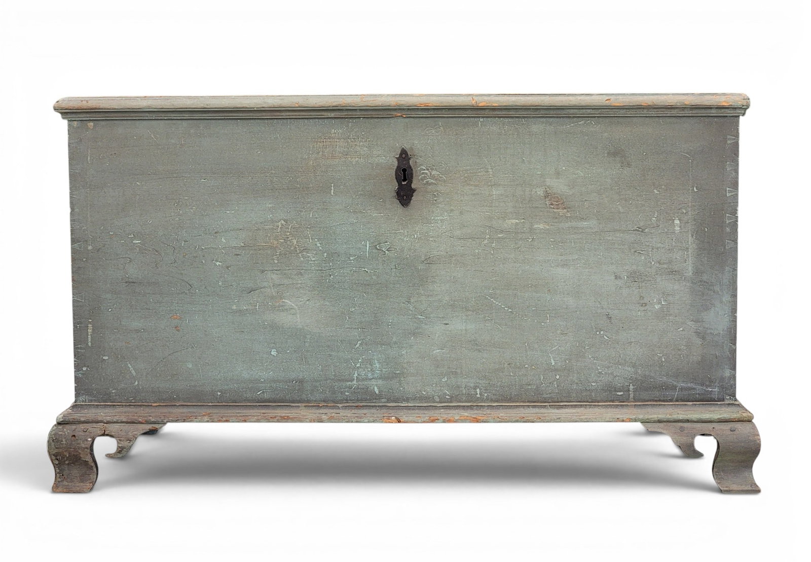 PAINTED CHIPPENDALE BLANKET CHEST: Pennsylvania, late 18th-early 19th century, poplar. Dovetailed case with ogee bracket feet and old blue paint. 28.25" high, 48.25" wide, 22.75" deep. Provenance: an Ohio collection. NOTE: We are
