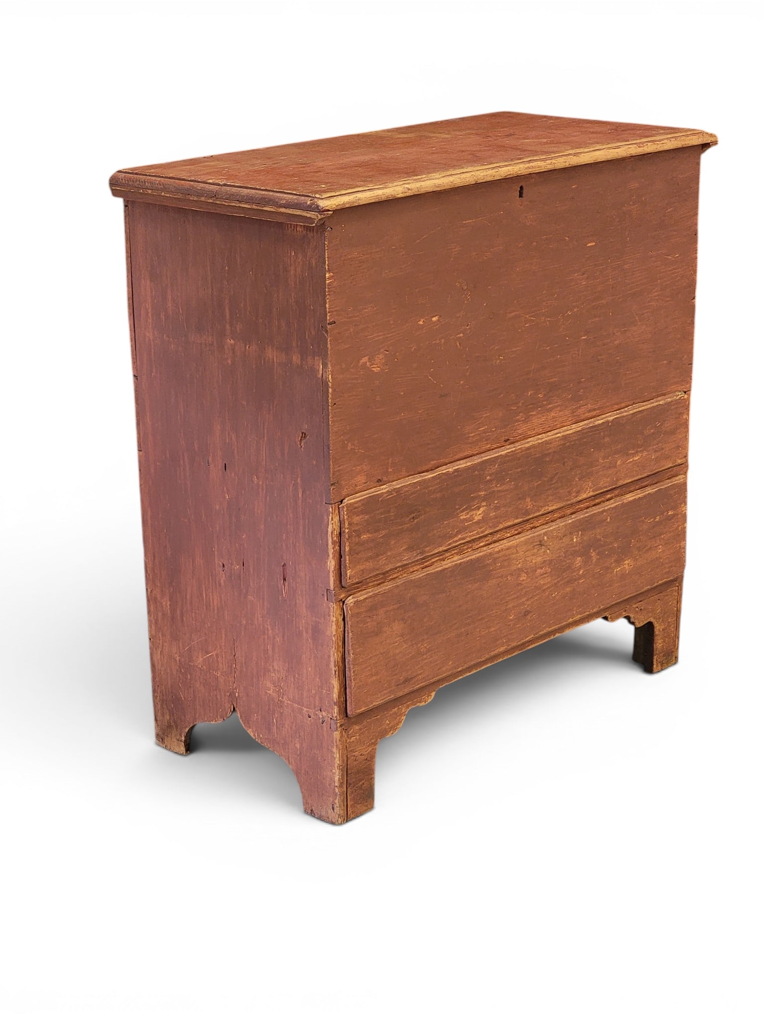 PAINTED MULE CHEST: Probably New England, early 19th century, pine. Chest over two lipped drawers, and with bootjack ends and old red paint. 37" high, 36" wide, 18" deep. Provenance: an Ohio collection. NOTE: We are
