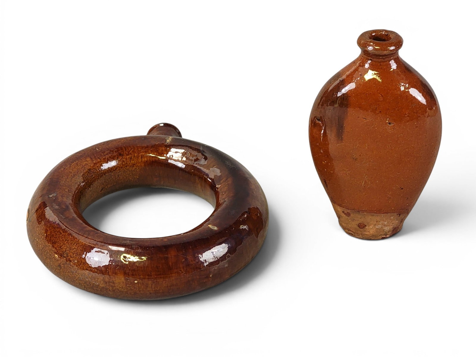 TWO REDWARE FLASKS