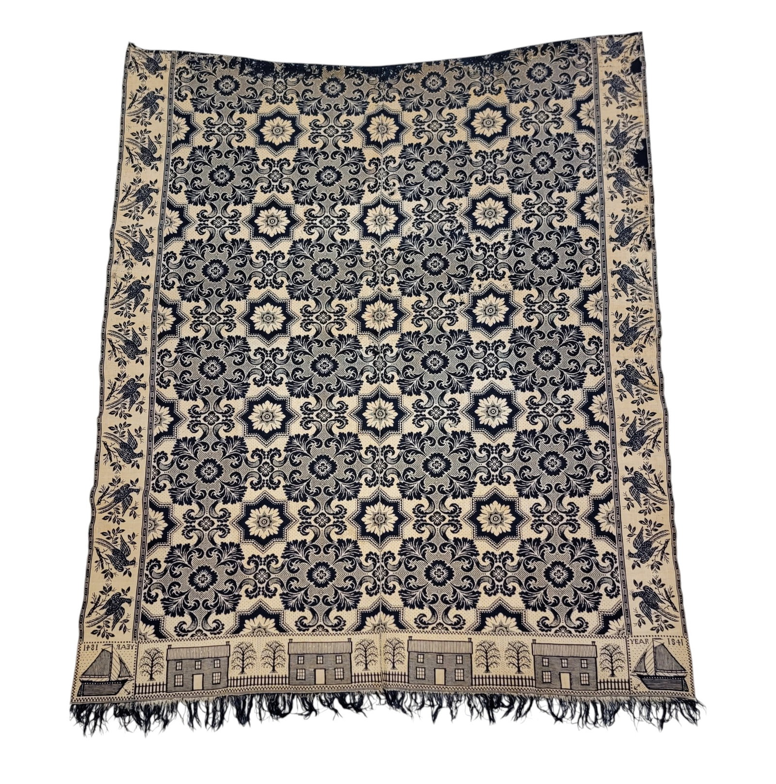 INDIANA COVERLET WITH SAILBOAT: William or Joseph Gilmour, Union County, Indiana, dated 1841. Blue and white, floral field, and the borders with houses and birds, and with sailboats in the corners. 90.5" by 75.25". See Montgomery,