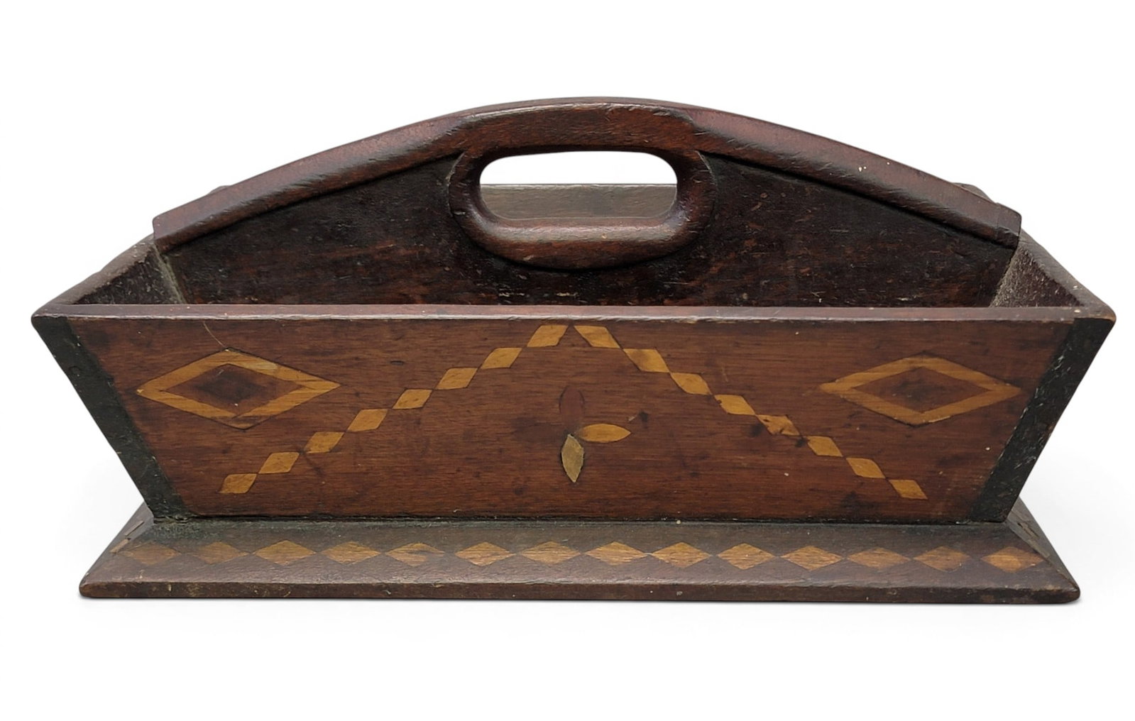 INLAID CUTLERY TRAY: American, late 19th century, mixed woods including walnut. Divided carrier with diamond and floral inlays, and incised initials "EAM" on the handle. 7" high, 13" wide, 9" deep. Provenance: an Ohio