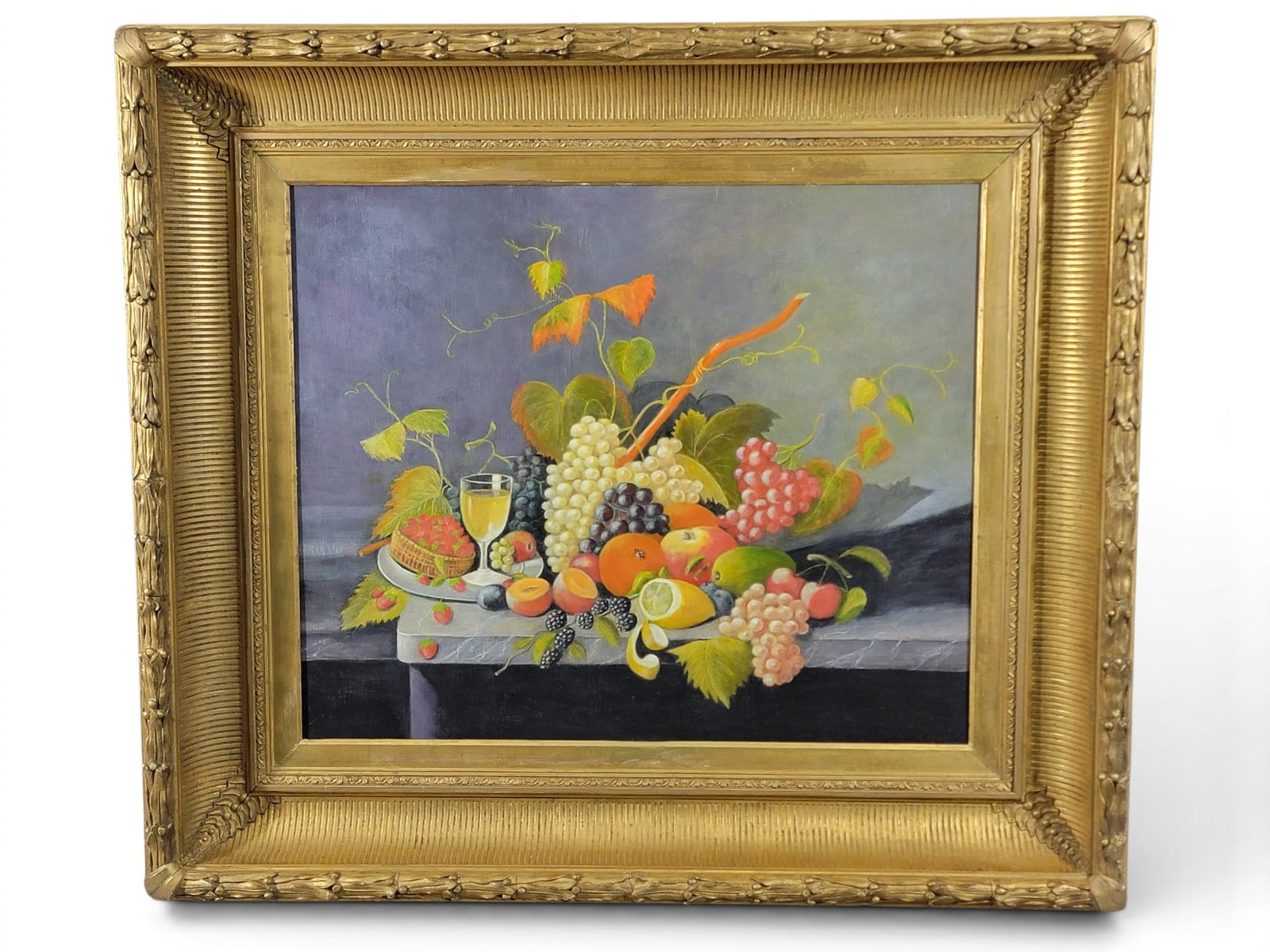STILL LIFE WITH FRUIT: American, early 20th century, oil on masonite. Colorful composition, with a variety of fruits, and a fly on the orange. 18.25" high, 22" wide; in a older frame, 28.5" high, 32" wide (overall).