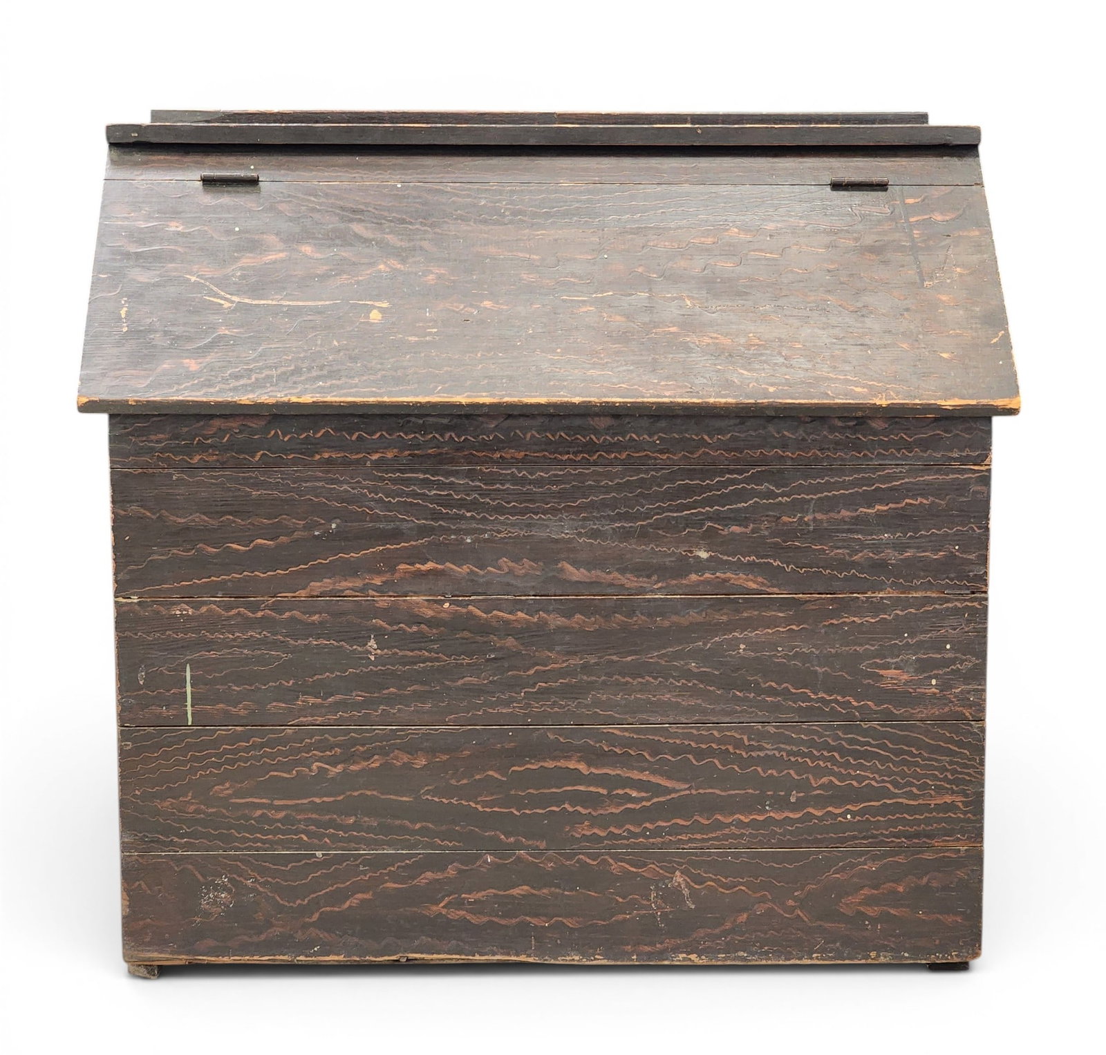 DECORATED GRAIN BIN WITH BIRD: American, 2nd half-19th century, pine. Slant-front bin retaining its original grain-painted decoration, and with a bird on the inside of the lid, which is signed "W.H. Tinline." 36.25" high, 38"
