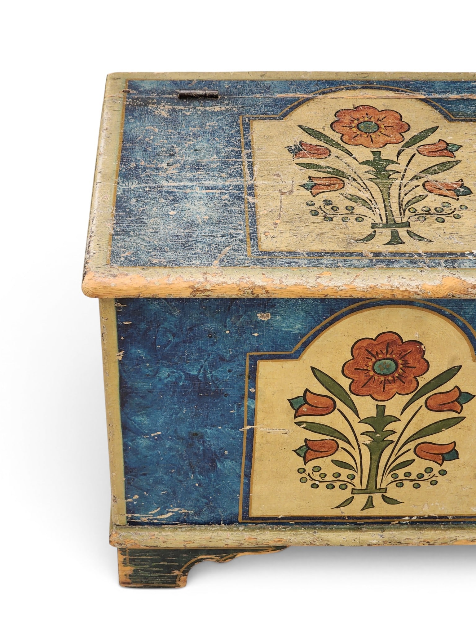 DECORATED WOOD BOX: American, 19th century, pine. Divided interior, bracket feet, and with later Pennsylvania-style paint decoration. 16.25" high, 63" wide, 18.75" deep. Provenance: Collection of Bob and Maxine Edwards, 