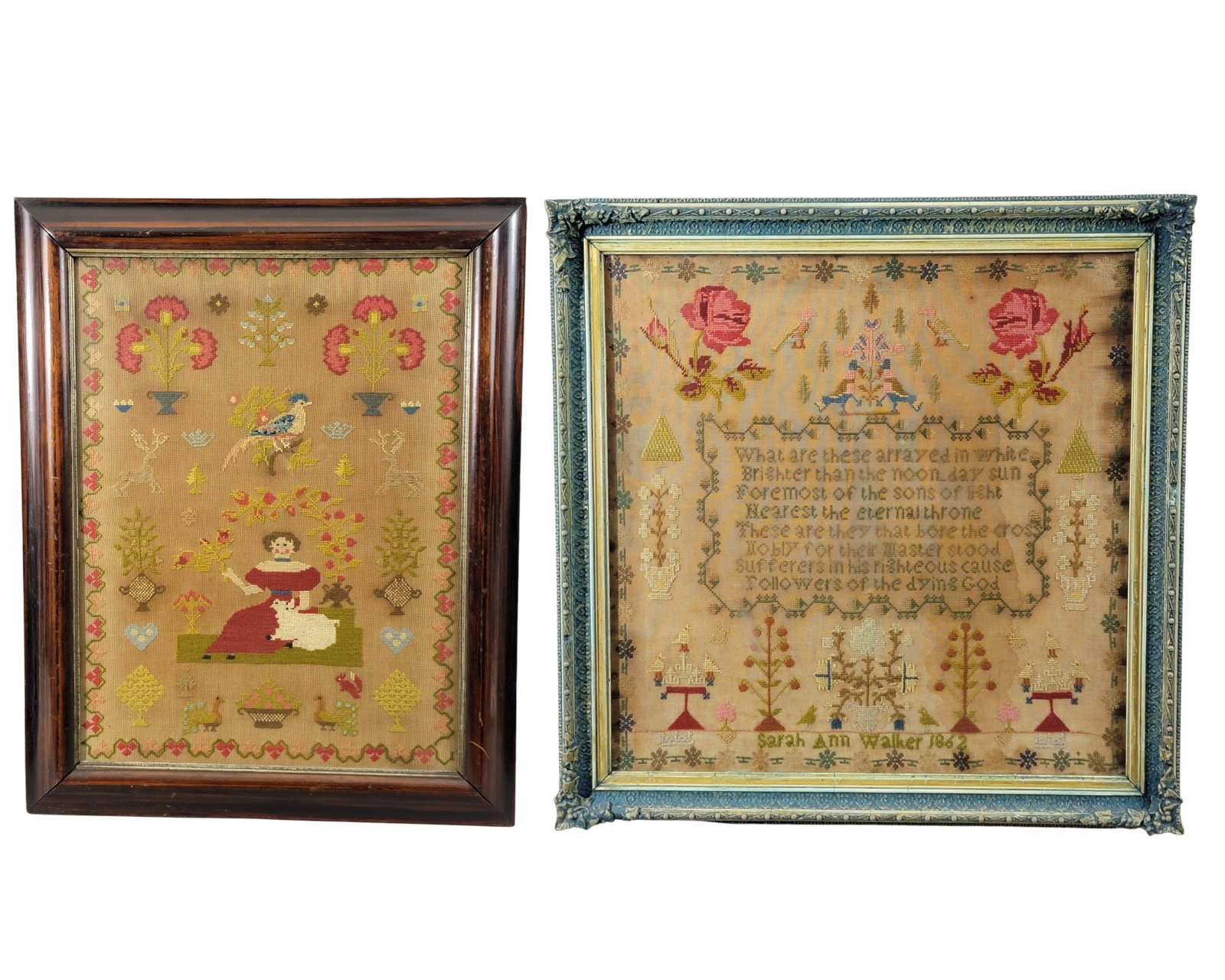 TWO NEEDLEWORK SAMPLERS: American, 19th century, wool on linen. Includes a larger, graphic sampler with girl and sheep, flowers, birds, and a fancy border, in a period frame, 25" high, 20" wide (overall); together with Sarah