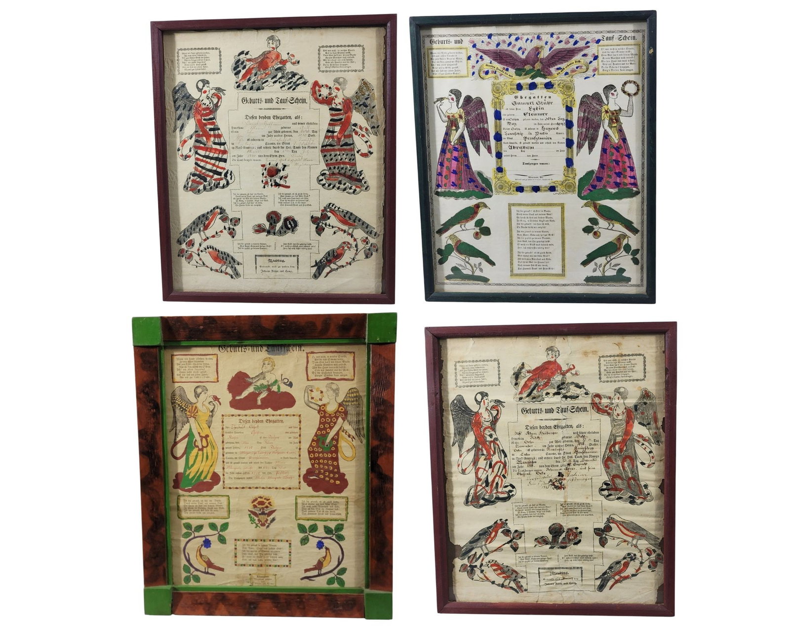 FOUR PRINTED PENNSYLVANIA FRAKTUR: Printed in Allentown and Reading, all handcoloring. All with angels and birds. Counties include Bucks, Northampton, and two counties are illegible. All in modern frames and approximately 18" high,