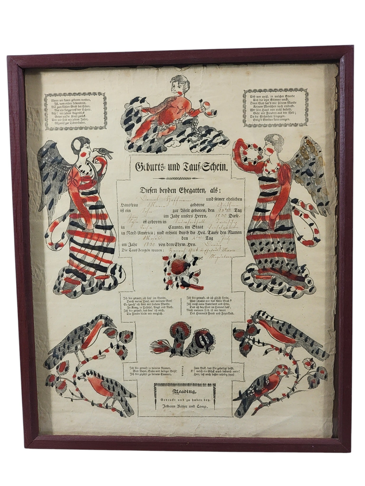 FOUR PRINTED PENNSYLVANIA FRAKTUR: Printed in Allentown and Reading, all handcoloring. All with angels and birds. Counties include Bucks, Northampton, and two counties are illegible. All in modern frames and approximately 18" high, 15"