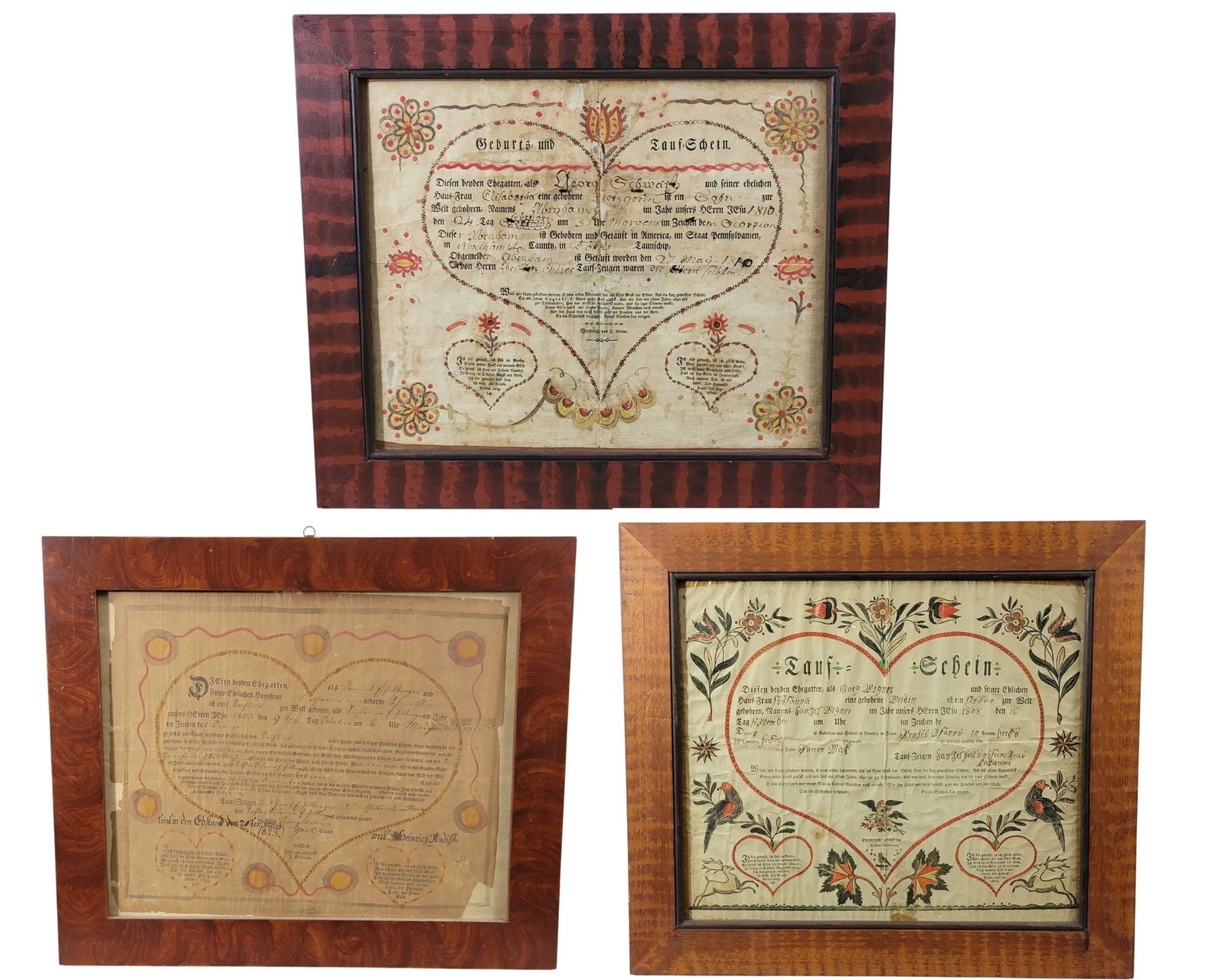 THREE PRINTED PENNSYLVANIA FRAKTUR: Includs one printed by Krebs, for George Schwartz, born in Northampton County in 1810, with watercolor decoration; together with one printed by Bauman, for a child born in York County, in 1803, with
