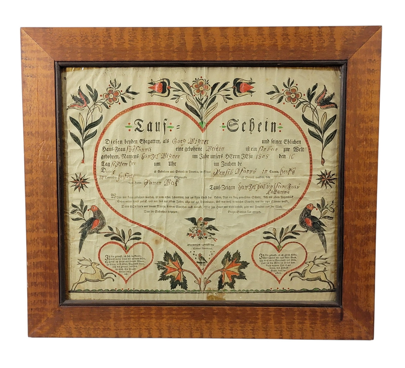 THREE PRINTED PENNSYLVANIA FRAKTUR: Includs one printed by Krebs, for George Schwartz, born in Northampton County in 1810, with watercolor decoration; together with one printed by Bauman, for a child born in York County, in 1803, with