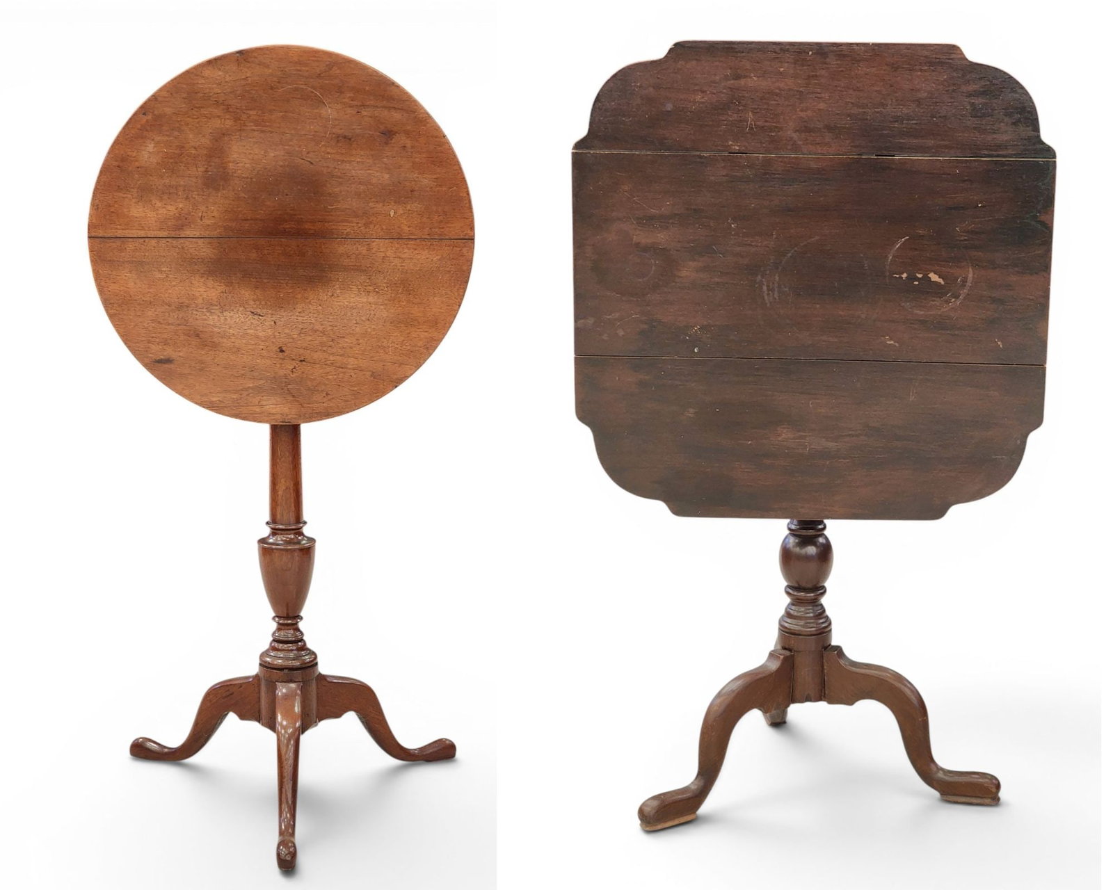 TWO TILT-TOP TABLES: American, 19th century, mahogany. Includes a round-top candlestand, 29.5" high; together with a shaped-top tea table with birdcage tilting mechanism, 28.5" high, 18.75" square. Provenance: Collection