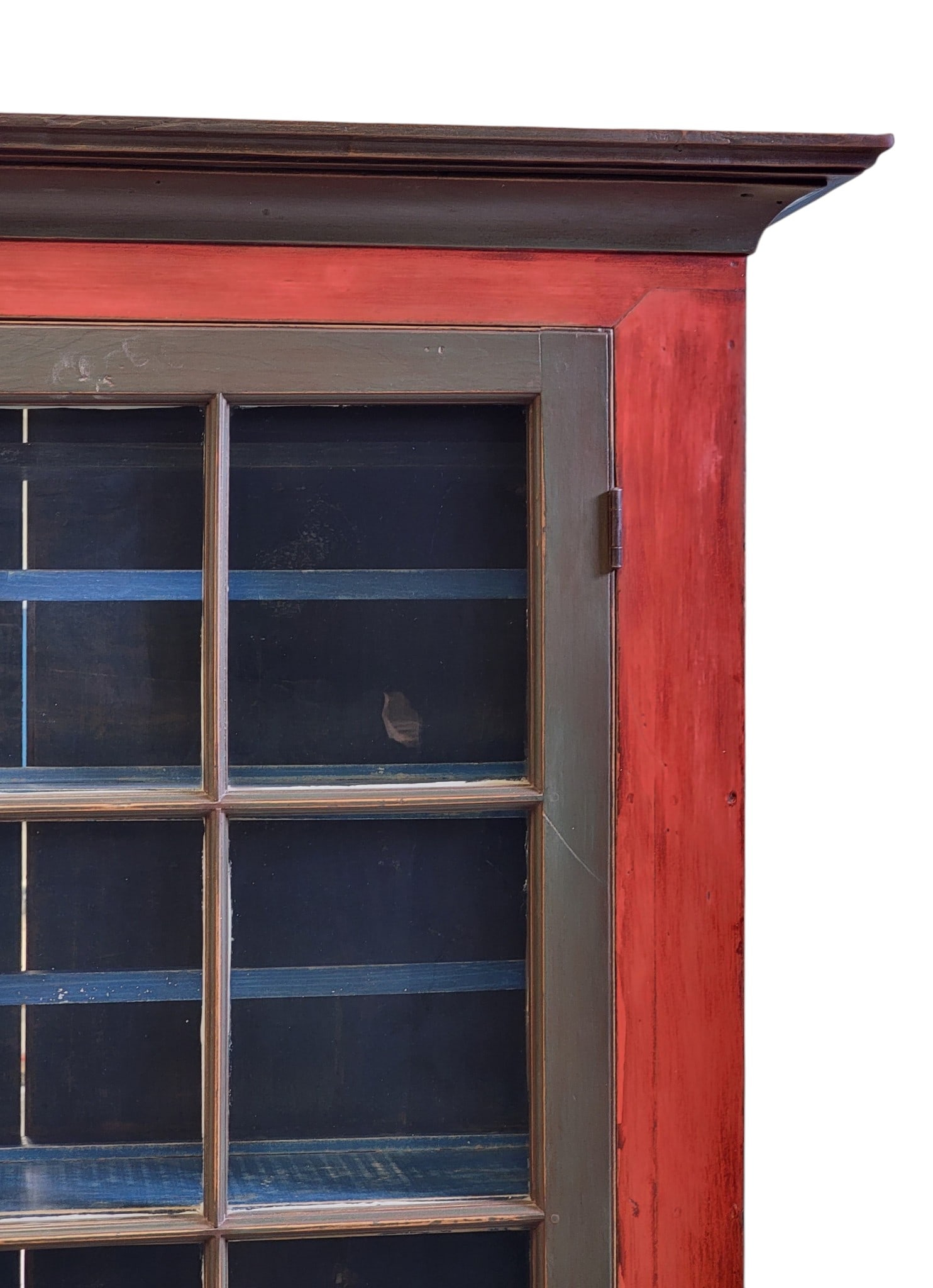 PAINTED STEP-BACK CUPBOARD: Pennsylvania, 2nd quarter-19th century, poplar. Two-piece construction, the upper section with two 6-pane doors and a central 3-pane panel, the lower section with three drawers over two double-panel