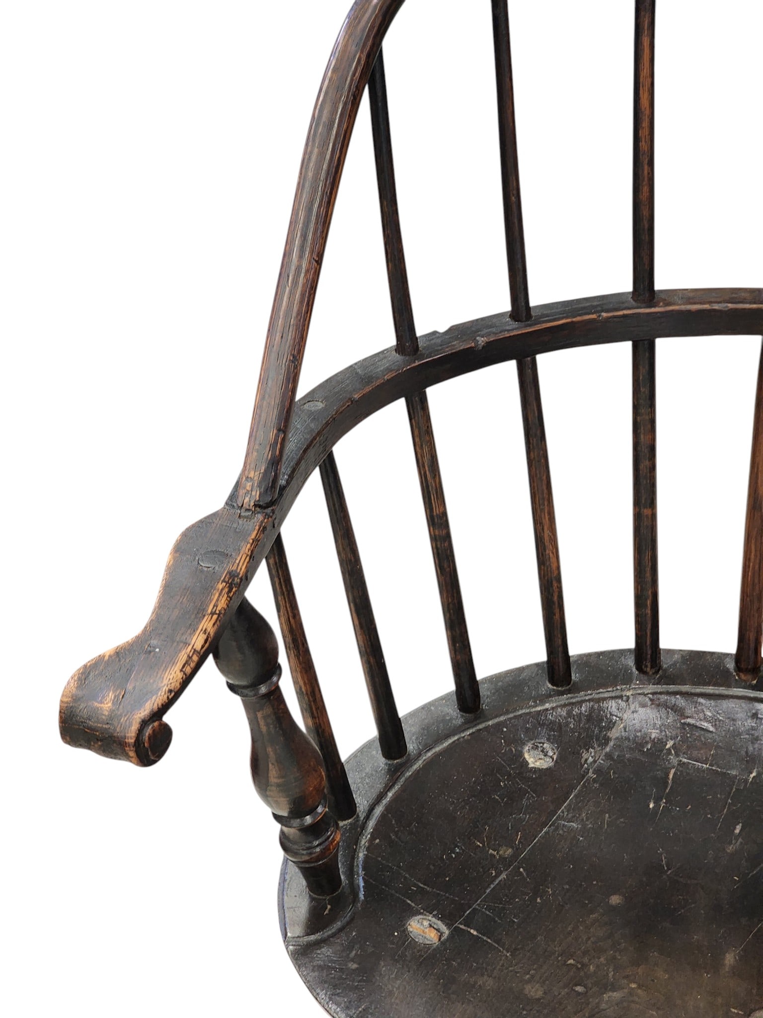 TWO WINDSOR ARMCHAIRS: American, late 18th century, mixed woods. Bowback windsors in old black paint. 38" and 37.5" high. Provenance: Collection of Bob and Maxine Edwards, New Philadelphia, Ohio. NOTE: We are happy to