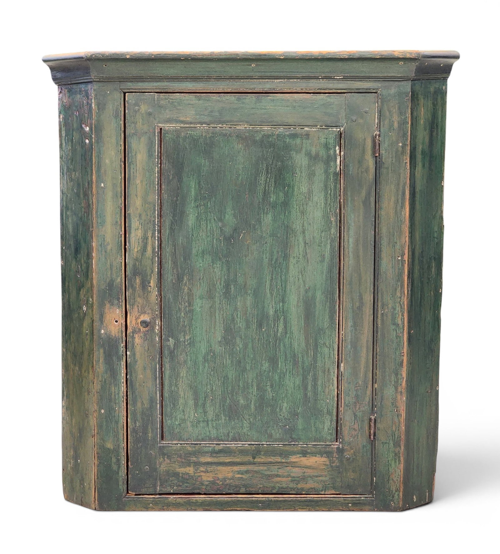 PAINTED HANGING CUPBOARD: American, mid-19th century, pine. Paneled door and old green paint. 29" high, 26.5" wide, 19" deep. Provenance: Collection of Bob and Maxine Edwards, New Philadelphia, Ohio. NOTE: We are happy to