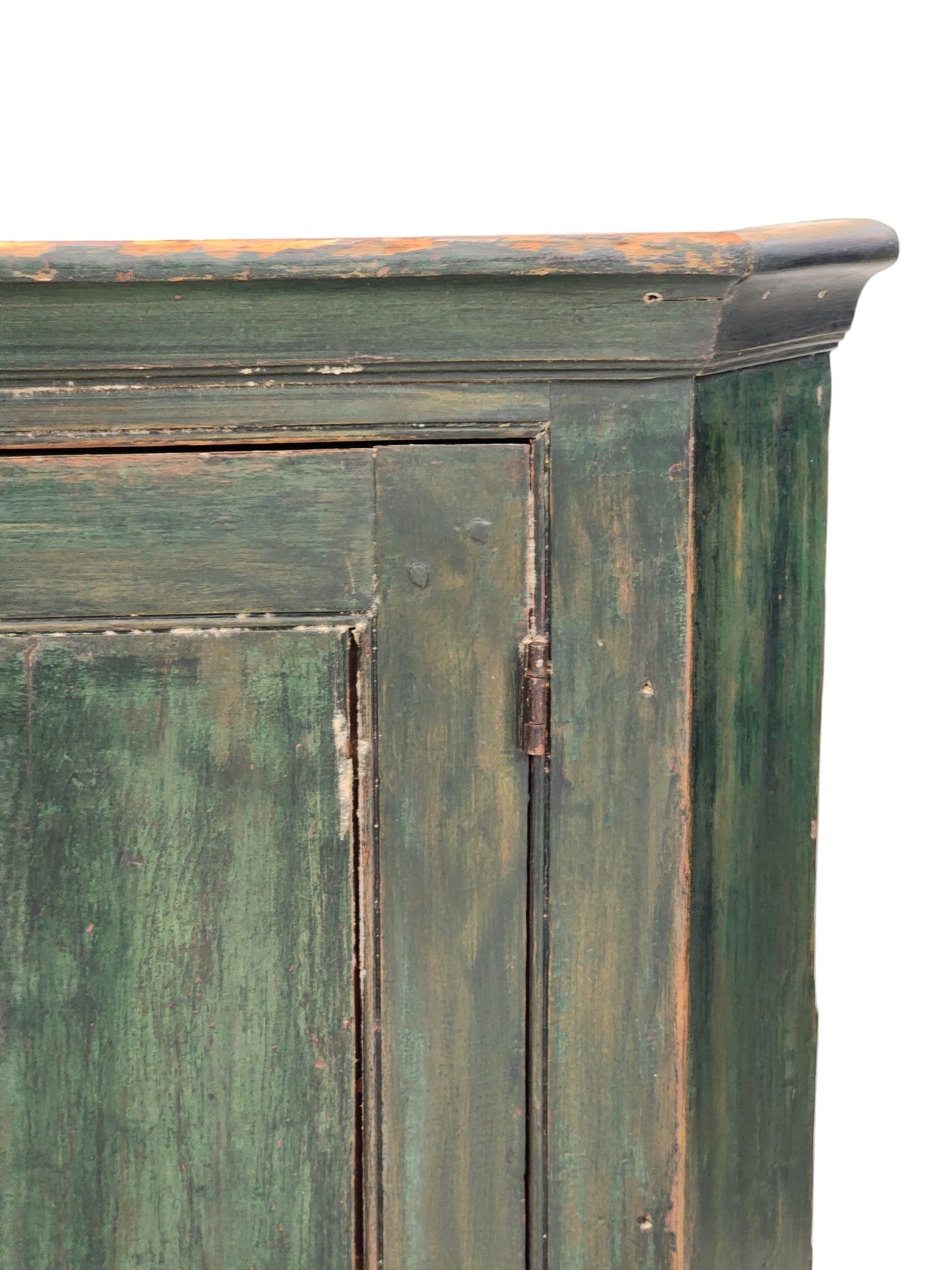 PAINTED HANGING CUPBOARD: American, mid-19th century, pine. Paneled door and old green paint. 29" high, 26.5" wide, 19" deep. Provenance: Collection of Bob and Maxine Edwards, New Philadelphia, Ohio. NOTE: We are happy to