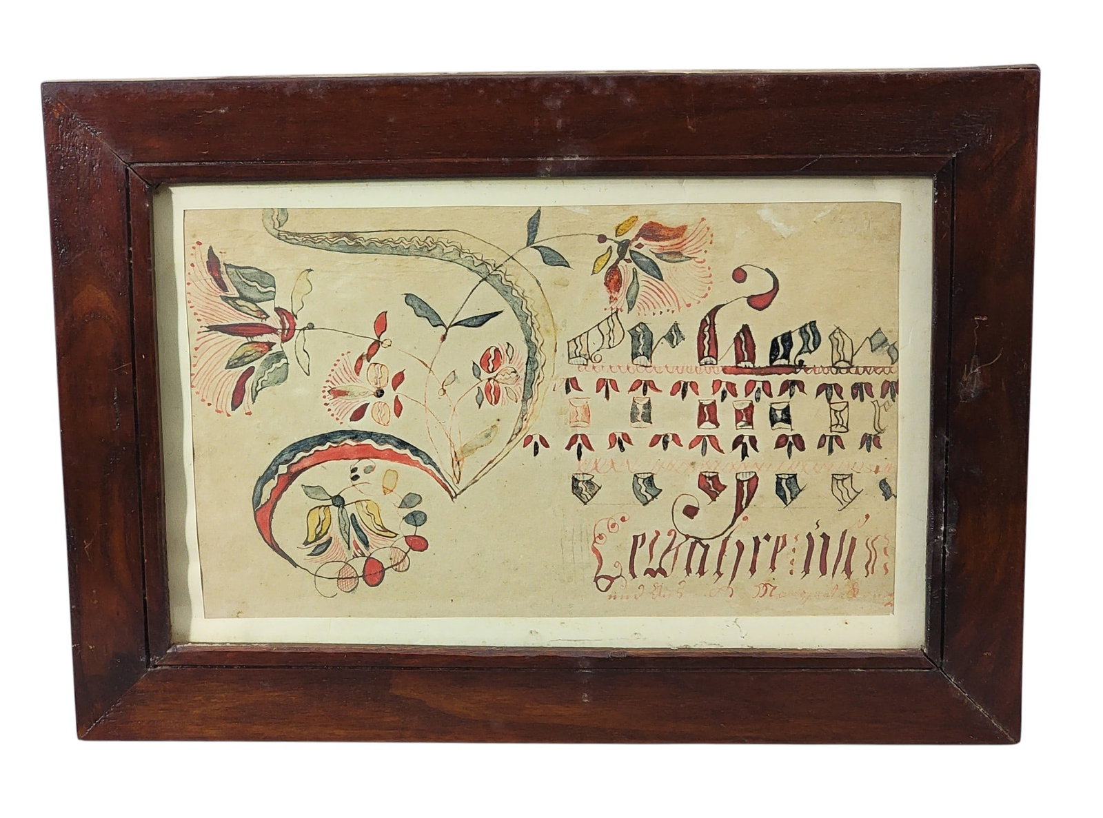 PENNSYLVANIA FRAKTUR: Attributed to Martin Brechall, southeastern PA, act. 1783-1830. Large lettering beginning with "D", with tulips and coxcombs. In a walnut frames. 11.5" high, 16.5" wide (overall). Provenance: