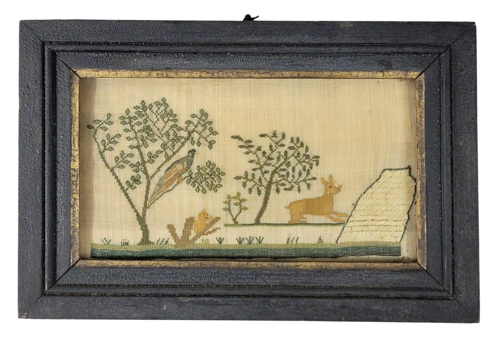 NEEDLEWORK PICTURE WITH RABBIT: American or English, apparently dated 1839, silk on linen. Small landscape with trees, rock, peacock, squirrel, and rabbit. In a period frame, 9" high, 13.5" wide (overall). Provenance: Collection of