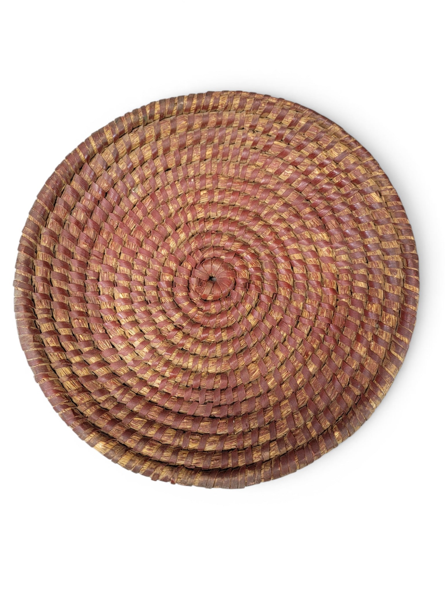 THREE BASKETS: American, late 19th-early 20th century. Includes a gathering basket in original surface, 20" long; together with a handled basket in old/original red paint, 12.5" high; and a rye straw tray in old red