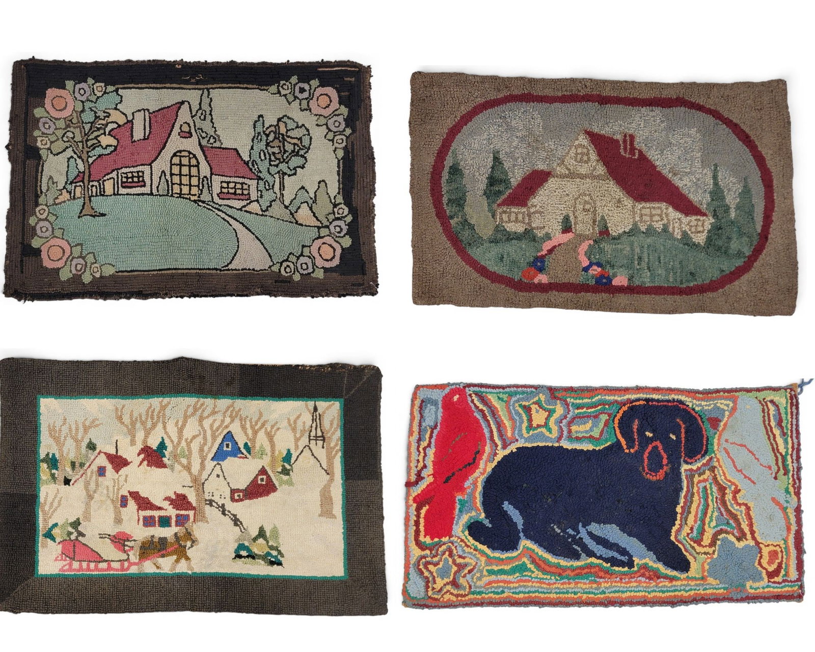 FOUR HOOKED RUGS: American, 20th century. Three with house landscapes and one with a dog. Largest is 21" by 37". Provenance: Collection of Bob and Maxine Edwards, New Philadelphia, Ohio. NOTE: We are happy to answer