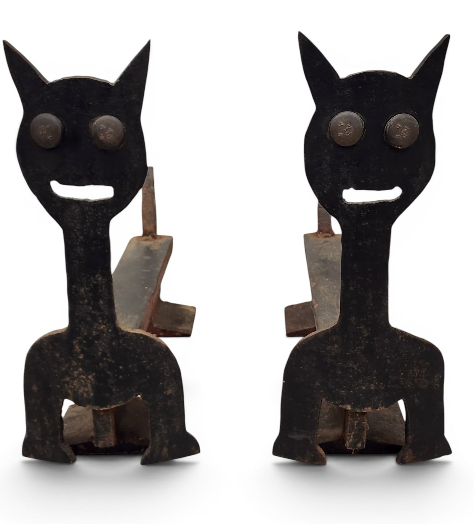 FOLKSY CAT ANDIRONS: American, early 20th century, steel. Folksy silhouettes made from thick sheet steel, and the log bars made from modified I-beam sections. 17.75" high, 18.5" deep. Provenance: a Pennsylvania
