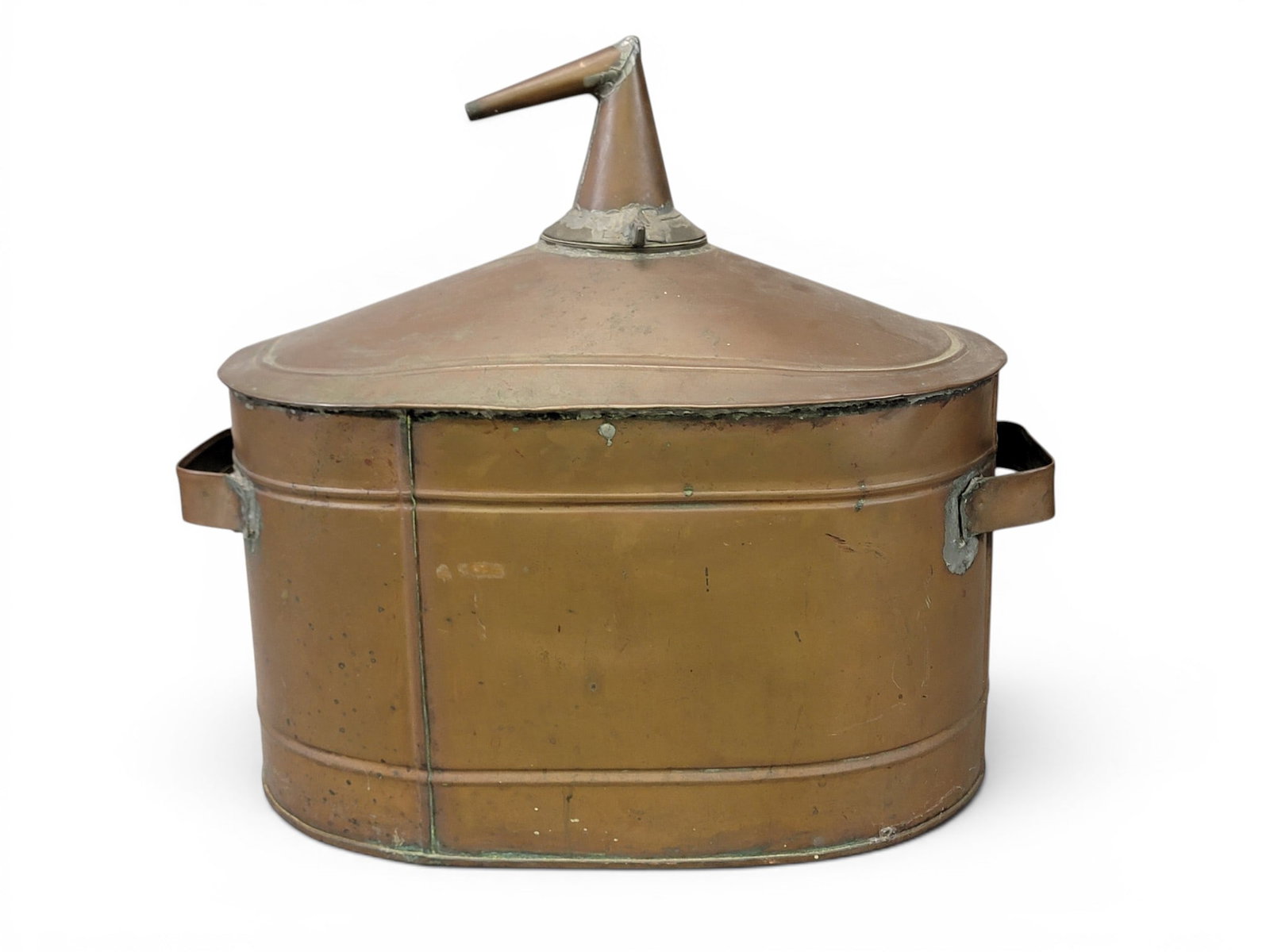 COPPER STILL: American, 19th century. Made from a copper tub. 19" high, 22" long. Provenance: a Pennsylvania collection. NOTE: We are happy to answer questions and take additional photos of lots prior to the