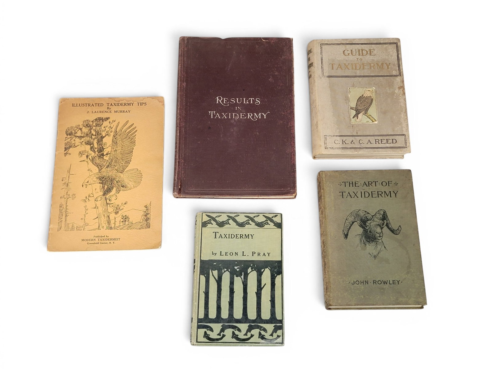 COLLECTION OF BOOKS ON TAXIDERMY: Rowley, The Art of Taxidermy (1914); Reed, Guide to Taxidermy (1908); Pray, Taxidermy (1930); Webster, Results in Taxidermy (1905); and Murray, Illustrated Taxidermy Tips (1941). All are illustrated,