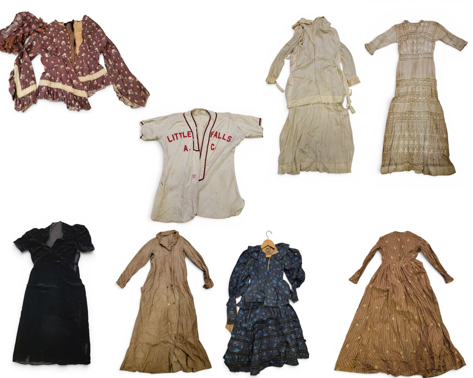 COLLECTION OF VINTAGE AND ANTIQUE CLOTHING: American, 19th-20th century. Mostly mid-19th century dresses, but also including a mid-20th century baseball jersey. Various sizes. Provenance: an Ohio collection. NOTE: We are happy to answer