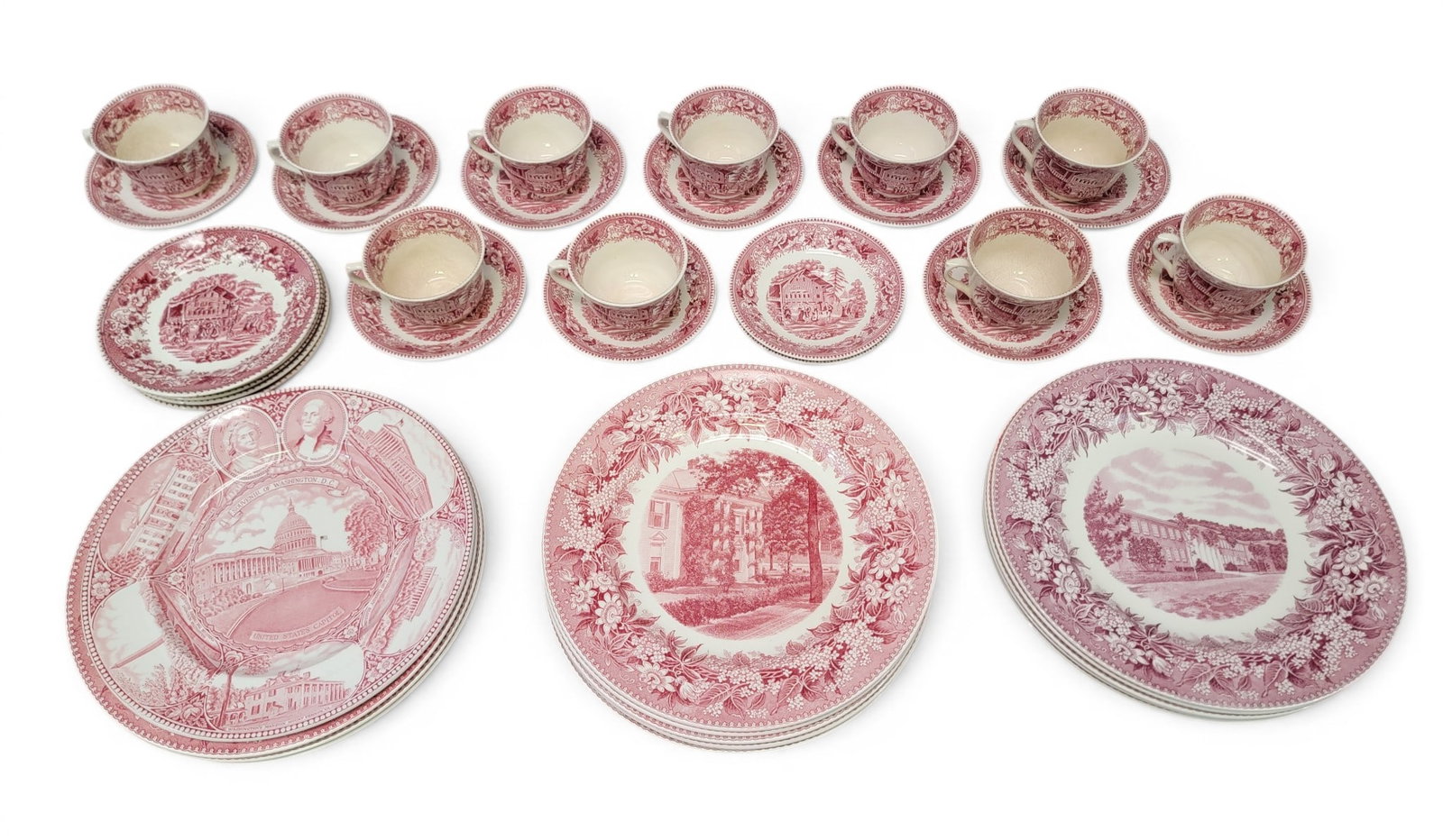 COLLECTION OF RED & WHITE STAFFORDSHIRE CHINA: England, late 19th-early 20th century, transfer-printed. Includes thirteen 10.5" Denison University plates, one 10" Washington plate, and a collection of Avon Cottage pattern (five 6.5" plates, 10