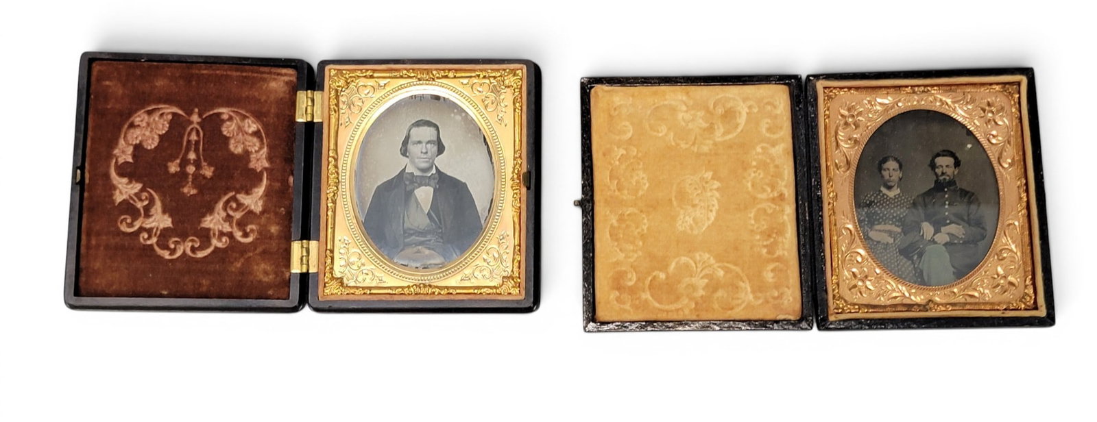 TWO EARLY CASED PHOTOGRAPHS: American, mid-19th century. Both ninth plate. Includes an ambrotype of a handsome gentleman with a big tie, and in thermoplastic union case; together with a tinted tintype of a husband and wife, the