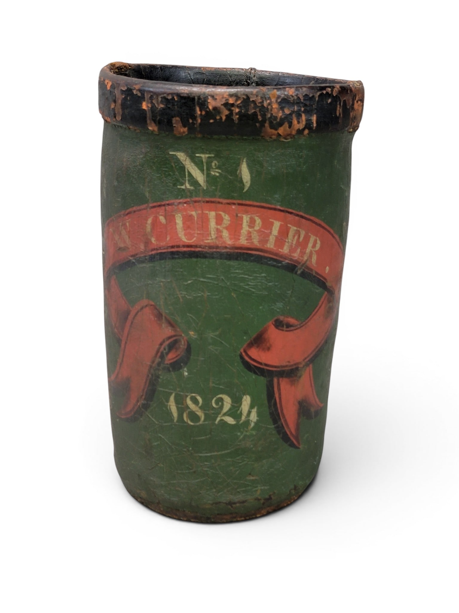 DECORATED LEATHER FIRE BUCKET: American, dated 1824. Of typical form, with its original paint, including "No. 1 / W. CURRIER / 1824" with a red ribbon against a green ground. 13" high. Provenance: a Wisconsin collection. NOTE: We
