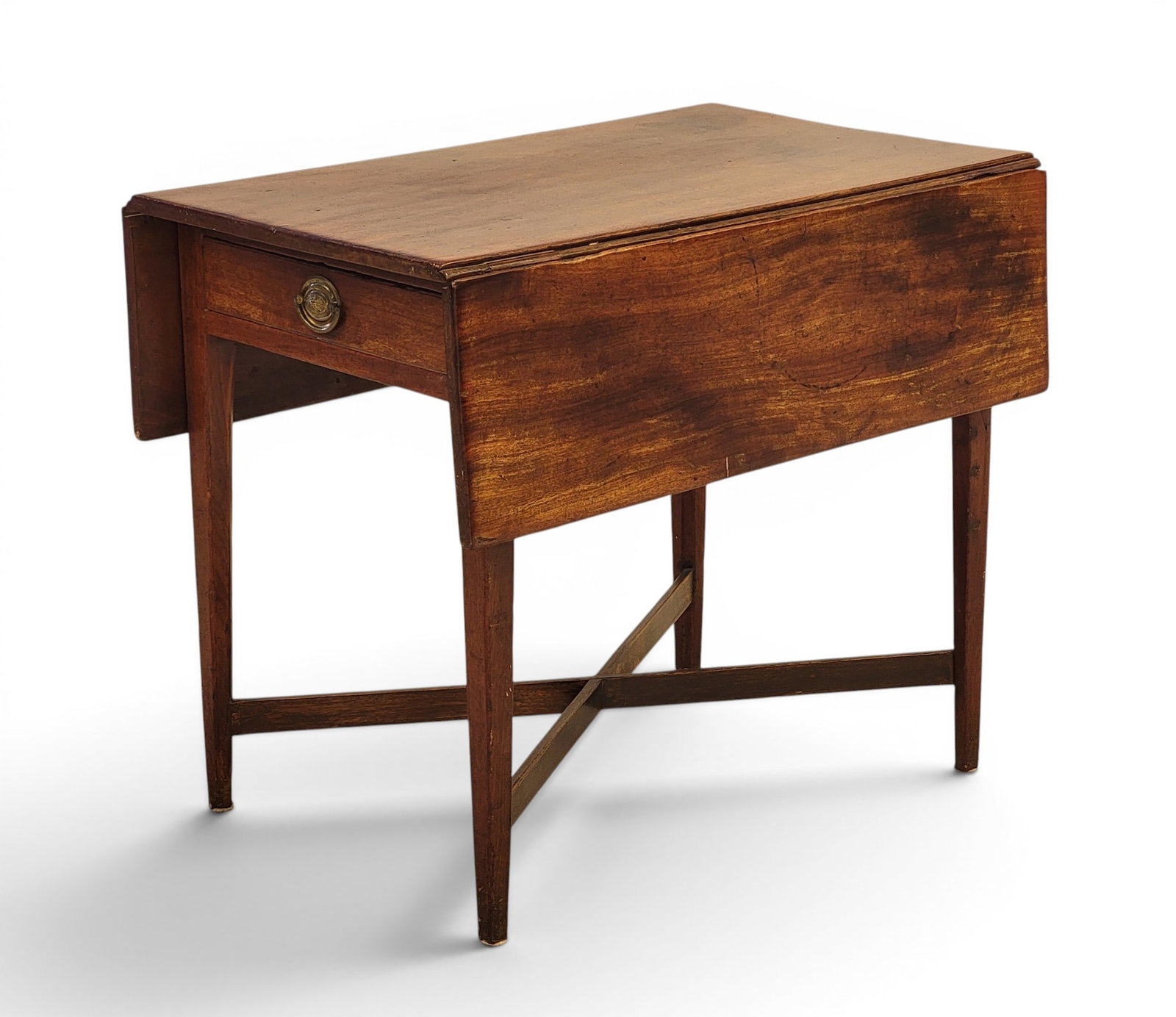 HEPPLEWHITE PEMBROKE TABLE: American, early 19th century, mahogany and poplar. Crotch-mahogany top, one drawer (and one faux drawer), on tapered legs and cross stretcher. 26.25" high, 32" wide, 20.5" deep (closed), 38.25" deep