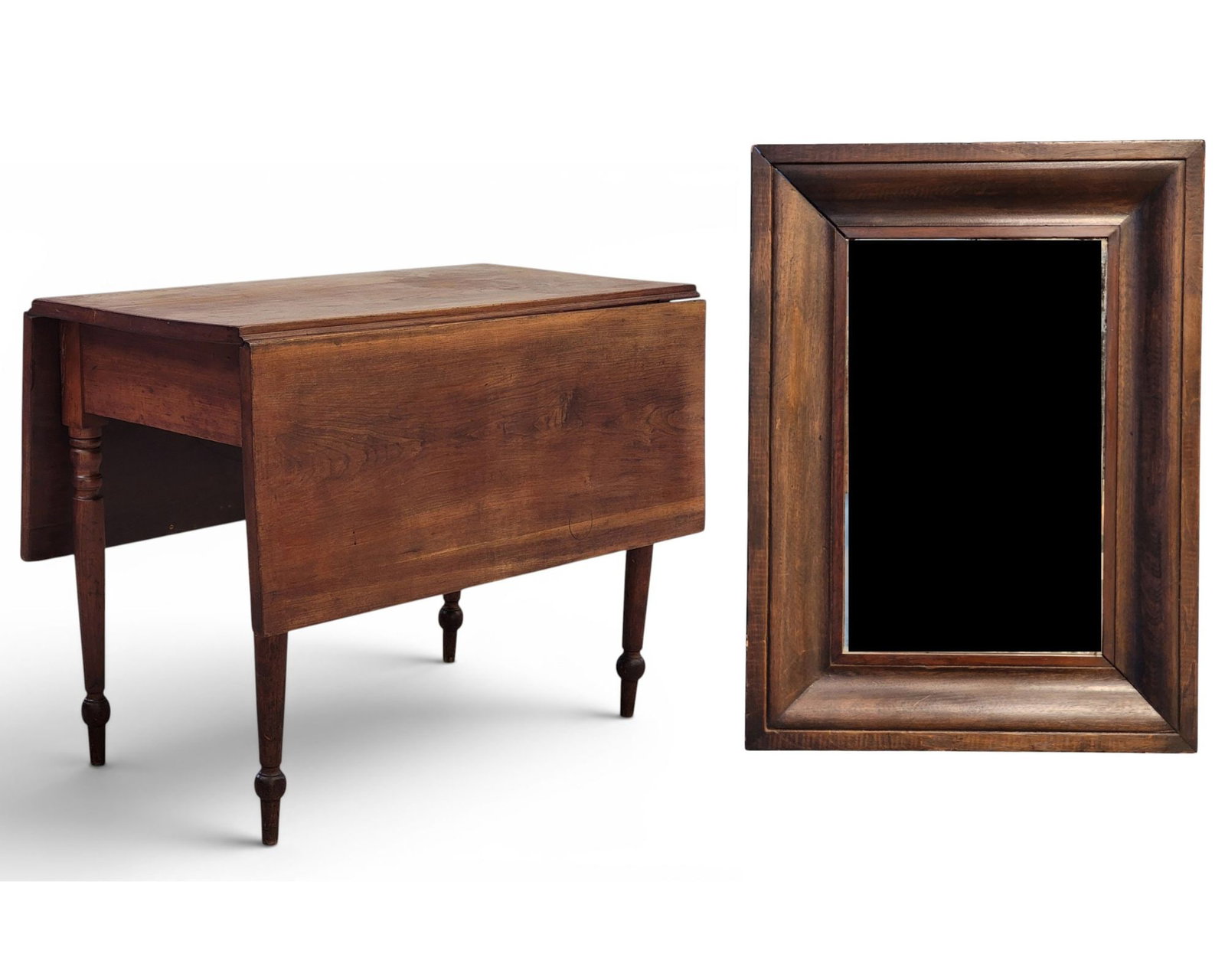 DROP-LEAF TABLE AND MIRROR: American, 19th century. Walnut table with turned legs. 30.25" high, 39.75" wide, 21" deep (closed), 51" deep (open); together with a mahogany ogee mirror, 25" by 19". Provenance: an Ohio collection.