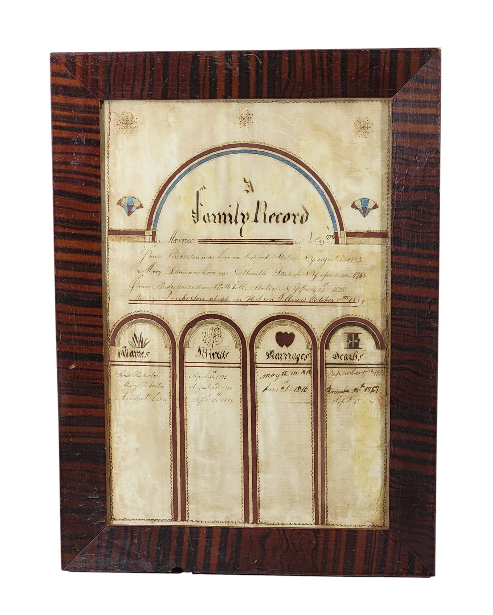 NEW YORK FAMILY RECORD: Made for the Pinkerton family, watercolor on paper, c. 1808. Of typical form, with the husband and wife at the top, and columns for children, births, marriages, and deaths below. In a 19th-century gra