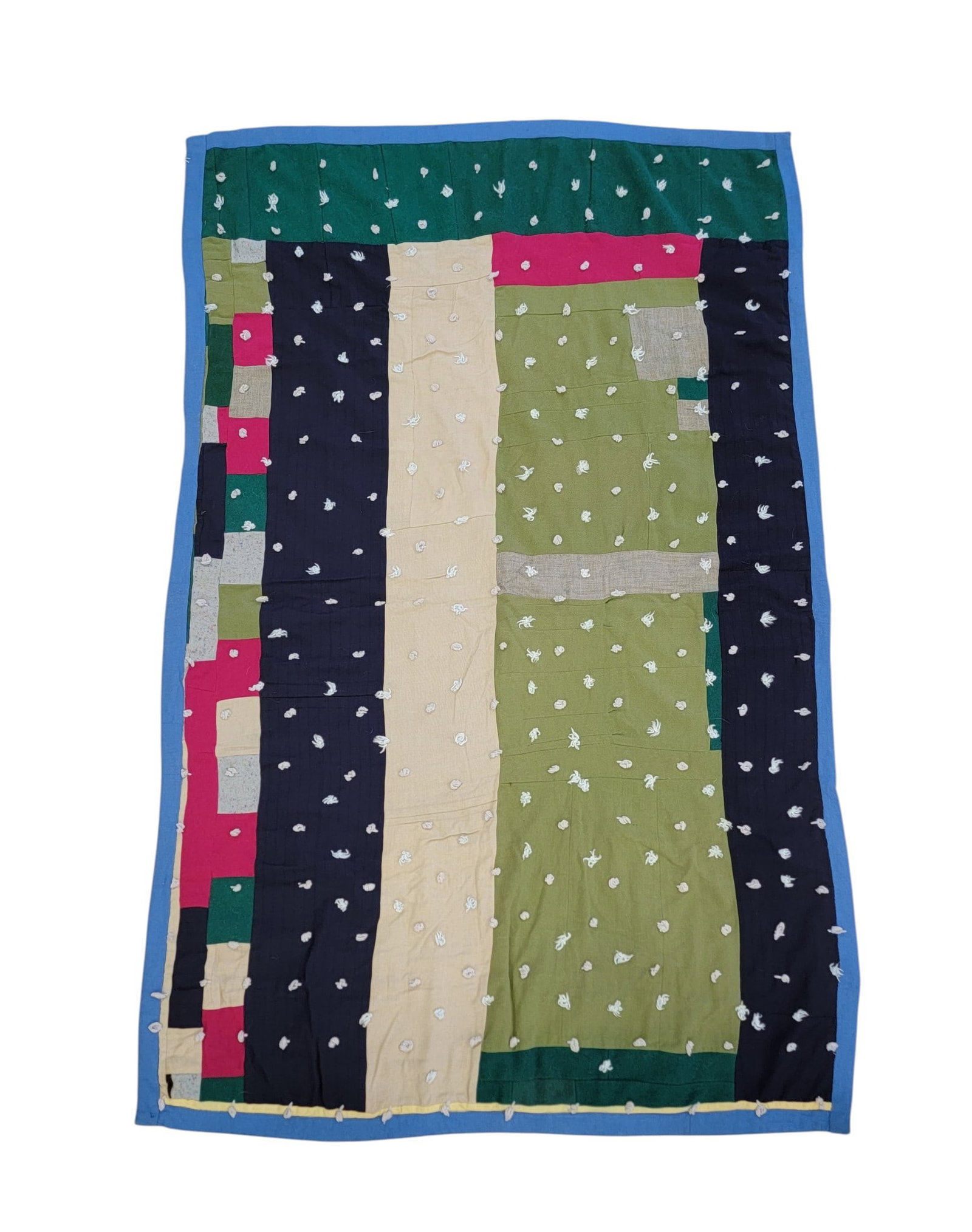 TENNESSEE TIED QUILT: Maude Hacker (1899-1992) and Lucy Hacker Stripling (1923-1961), Roane County, mid-20th century, mixed fabrics. Folksy, colorful, and double-sided. 75" by 48". Lucy was Maude's eldest daughter.