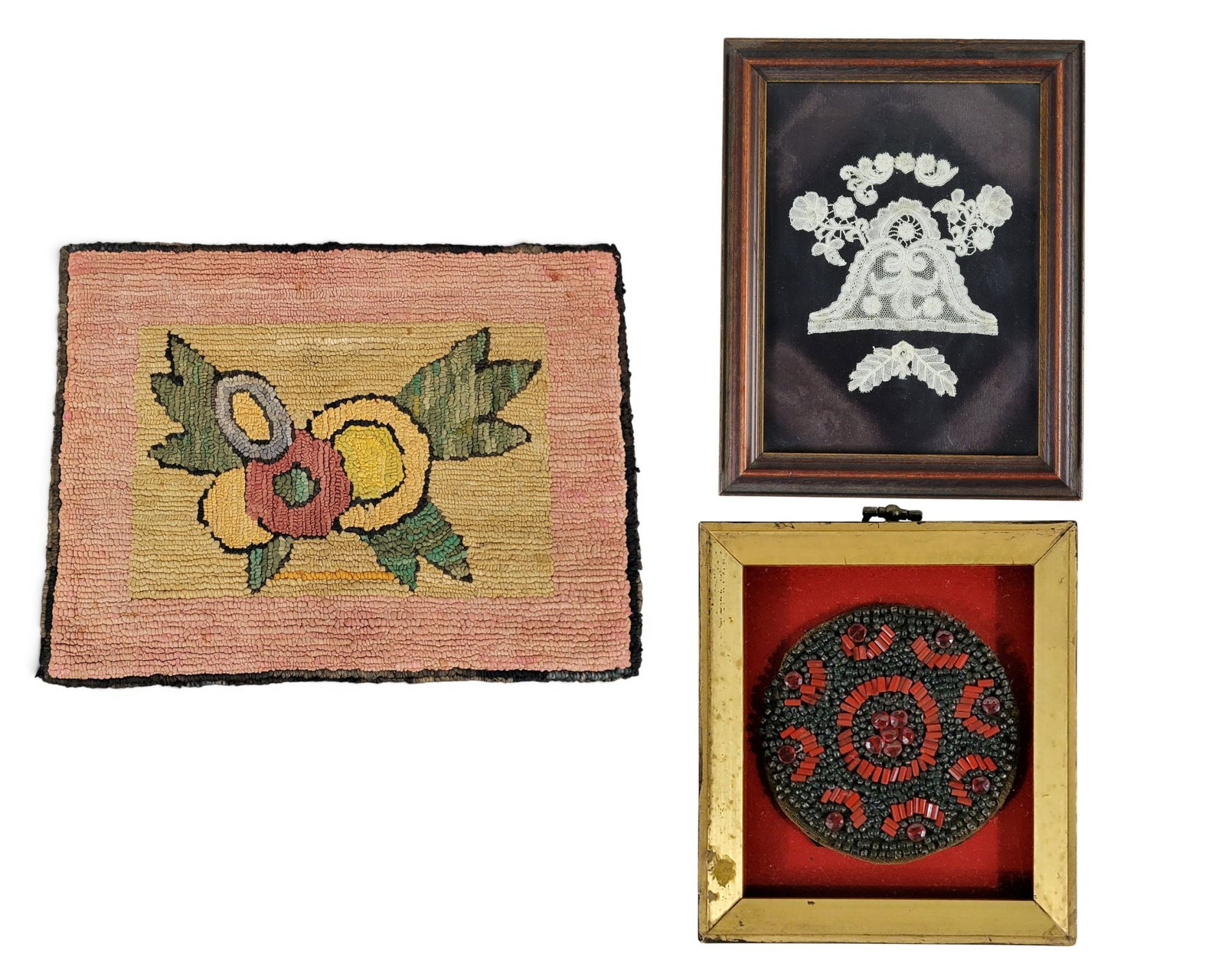 THREE TEXTILE ITEMS: Includes a hooked mat or pillow cover with flowers, 16.75" high, 13" wide; together with a small framed Victorian beadwork, 5" square (overall); and a framed piece of Flanders lace, 11" high, 9" wide