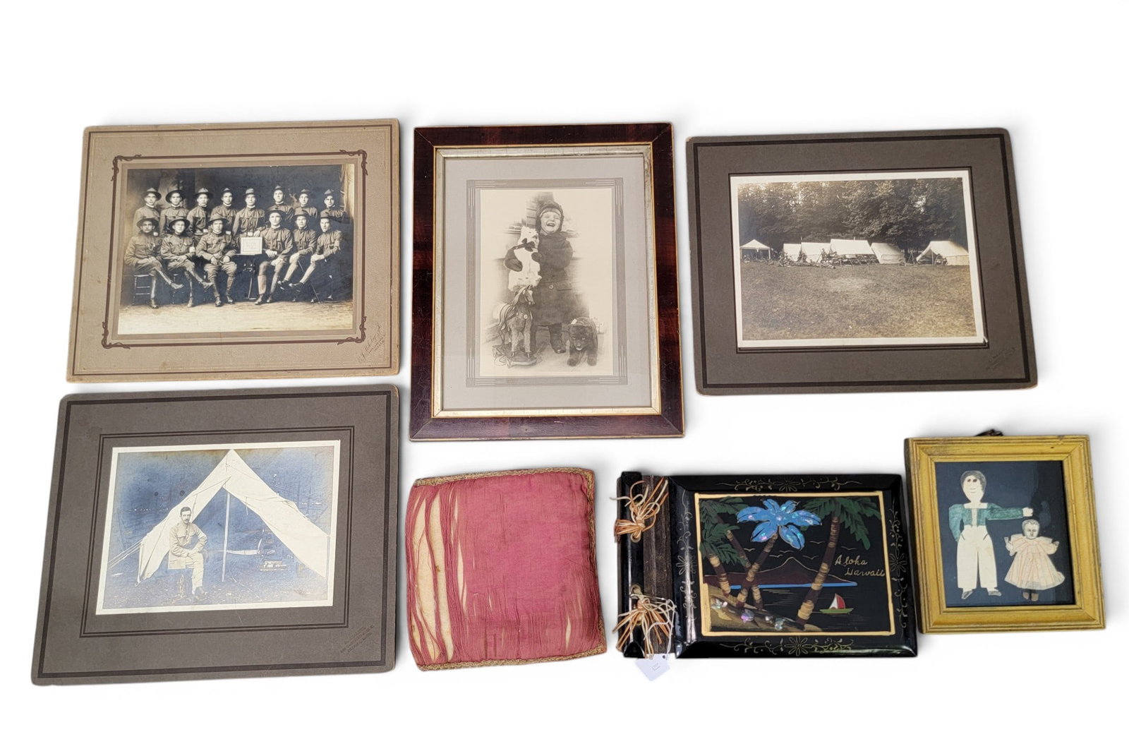 PHOTOGRAPHS AND EPHEMERA: American, 19th-20th century. Includes a watercolor assemblage portrait of two children; an "Aloha Hawaii" photo album; a US flag music box; an early 20th century photo of a child and their toys; and