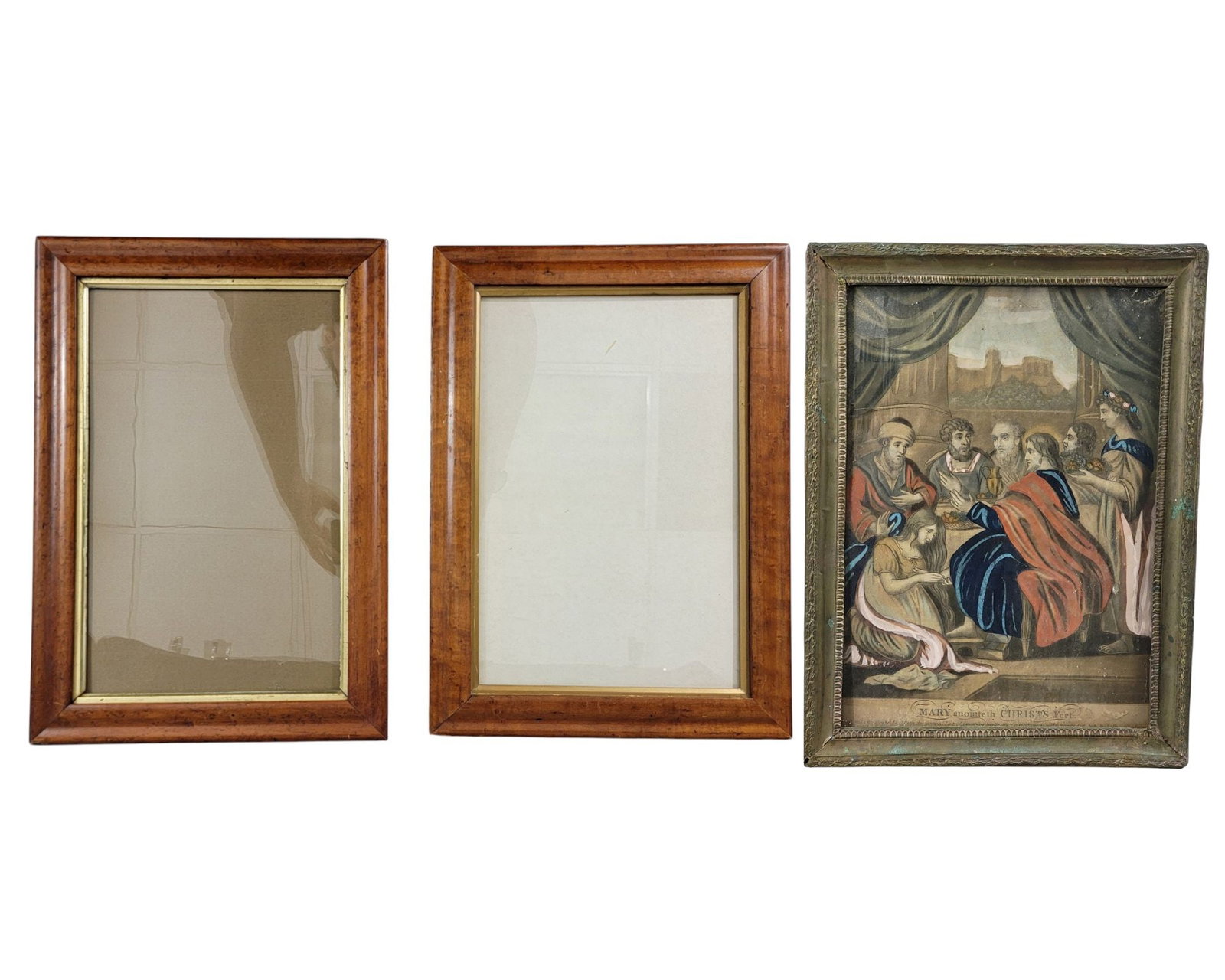 PAIR OF BIDSEYE MAPLE FRAMES AND PRINT: Includes pair of 19th-century birdseye maple-veneered frames, 16.75" high, 12" wide (overall); together with an 18th-century brass frame and print, 15.75" high, 11.75" wide (overall). Provenance: an