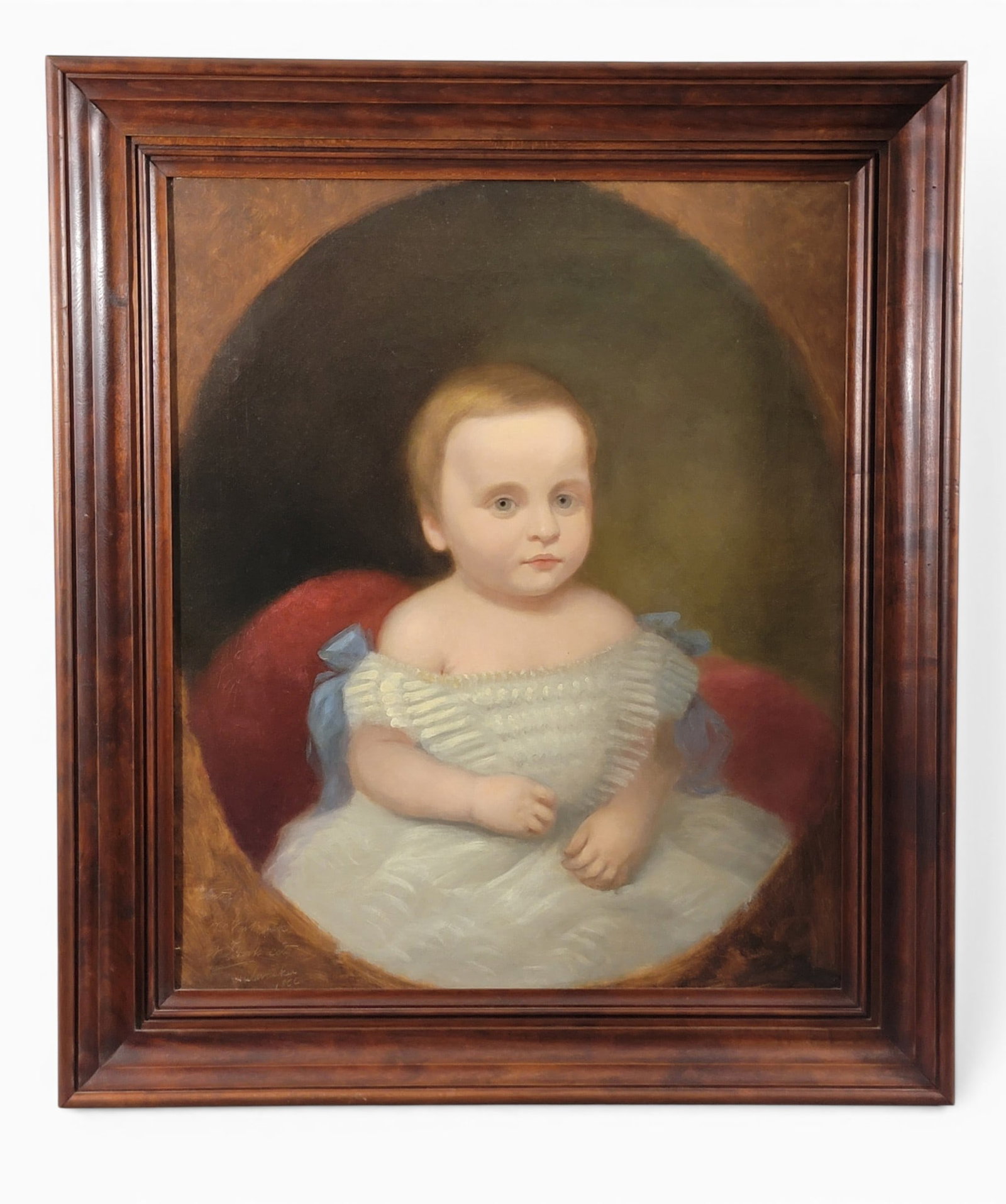 PORTRAIT OF A CHILD BY WILLIAM VERBRYCK (WISCONSIN, 1823-1899): Oil on canvas, signed lower left "Painted by Wm Ver Bryck of New York City Milwaukee 1866." Seated portrait of a child in a white dress. 23.5" high, 19.5" wide (sight); in a wonderful reproduction