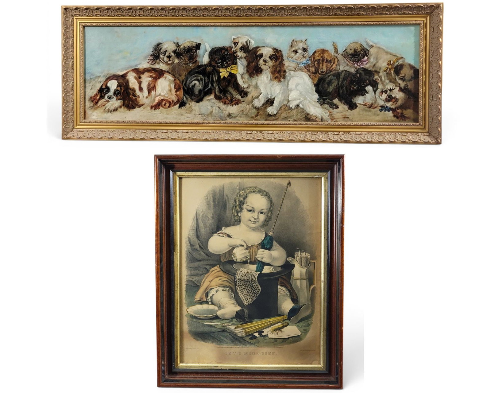 DOG PORTRAIT & CURRIER PRINT: Includes a panoramic portrait of many dogs, a variety of breeds. 9.5" high, 33.5" wide (sight); in a later frame, 13.5" high, 37.5" wide (overall); together with "Into Mischief" lithograph, by