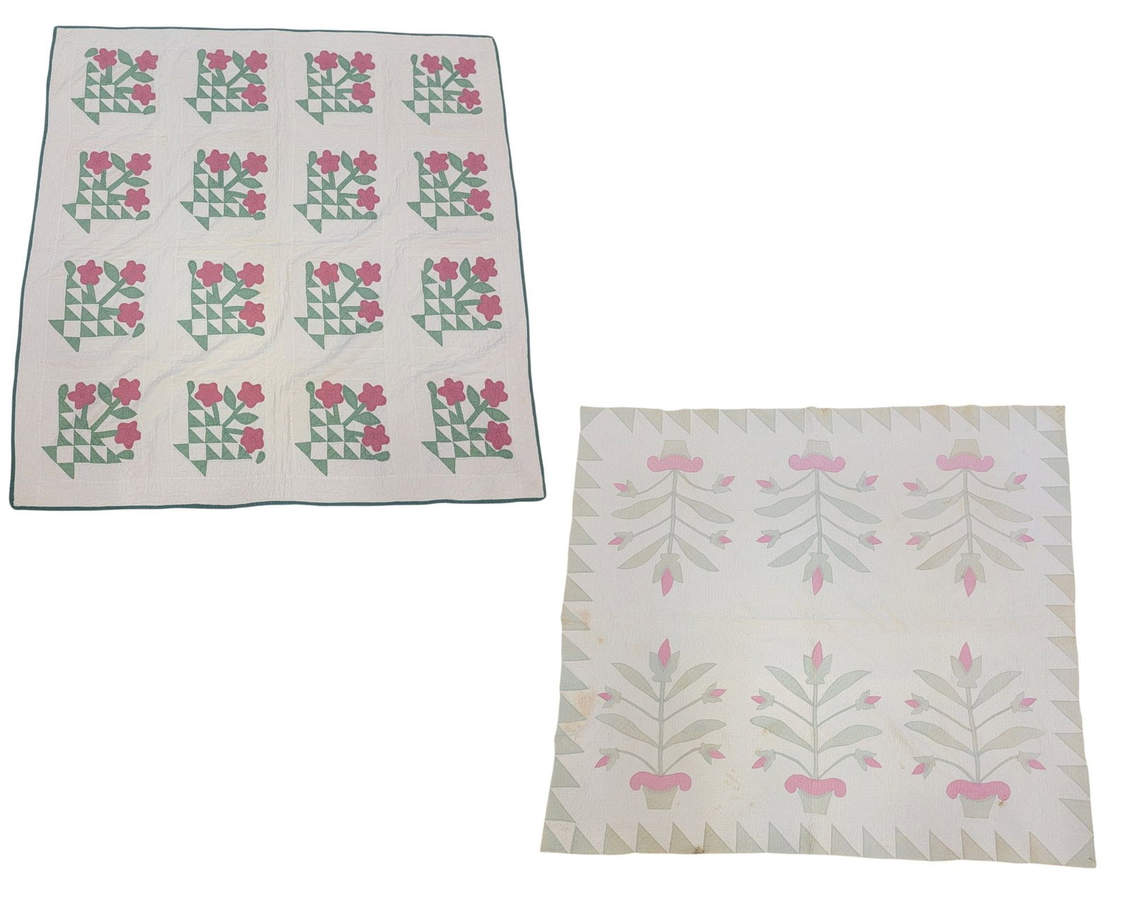 TWO APPLIQUE QUILTS: American, early 20th century, cotton. Floral applique quilts in green and pink. 80" by 73.5" and 64.5" by 65.5". Provenance: a southeast Ohio family. NOTE: We are happy to answer questions and take